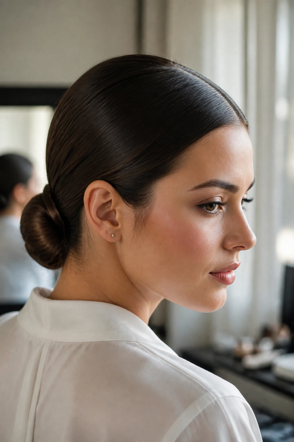 Close-up of a polished center-part low bun at the nape