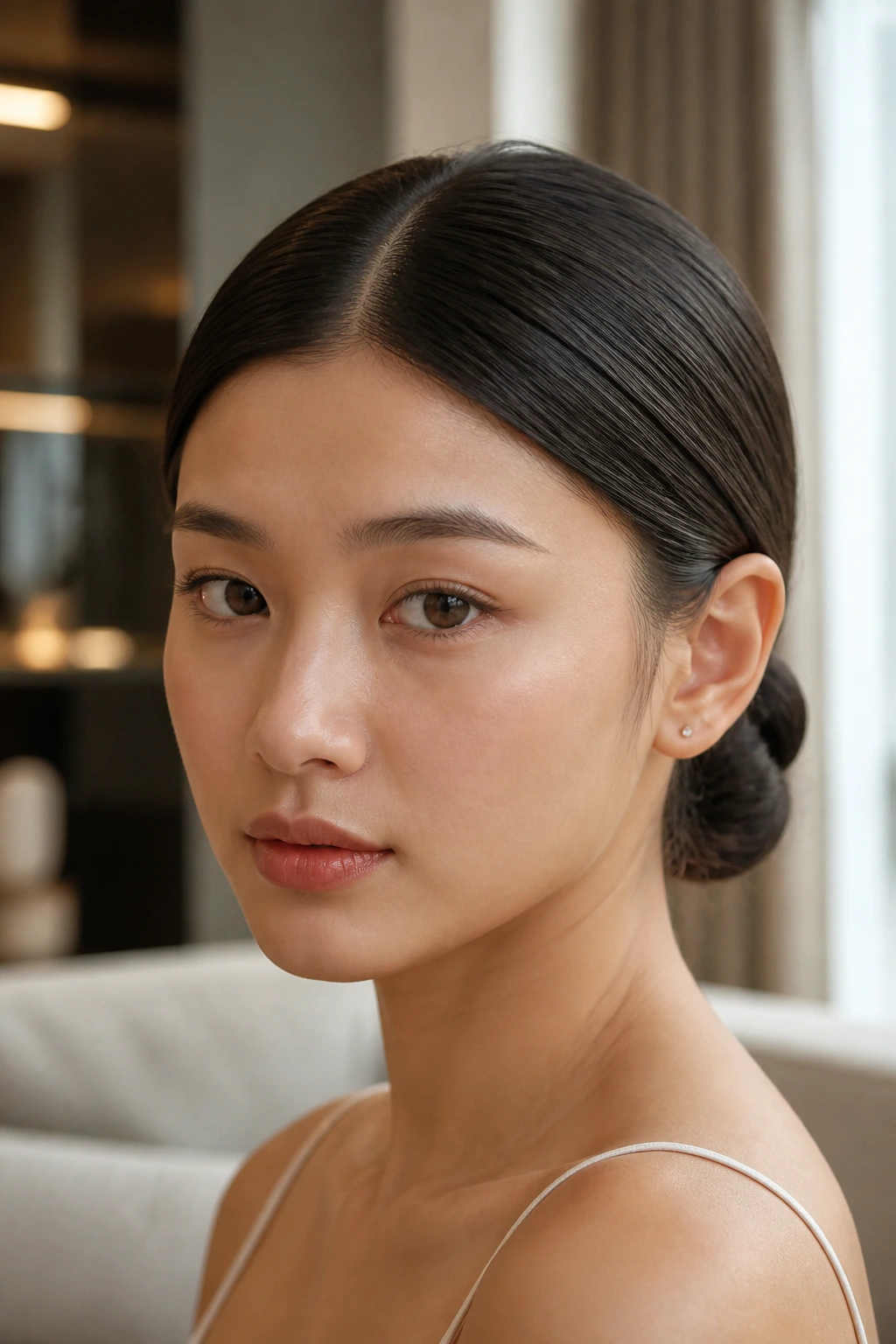 Close-up portrait of a woman with a center-part low knot