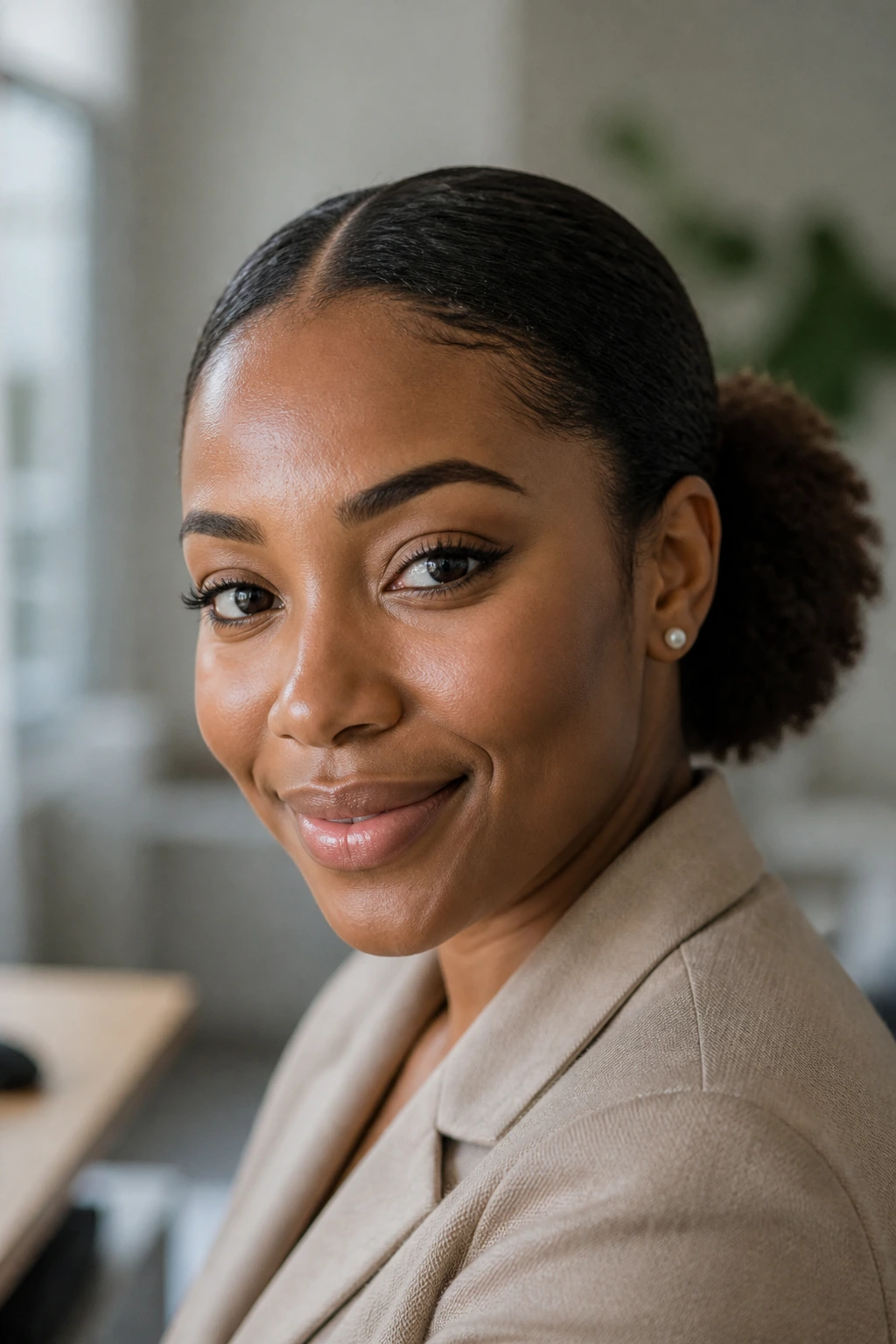 Close-up of a real woman with a center-part low puff in a calm office setting