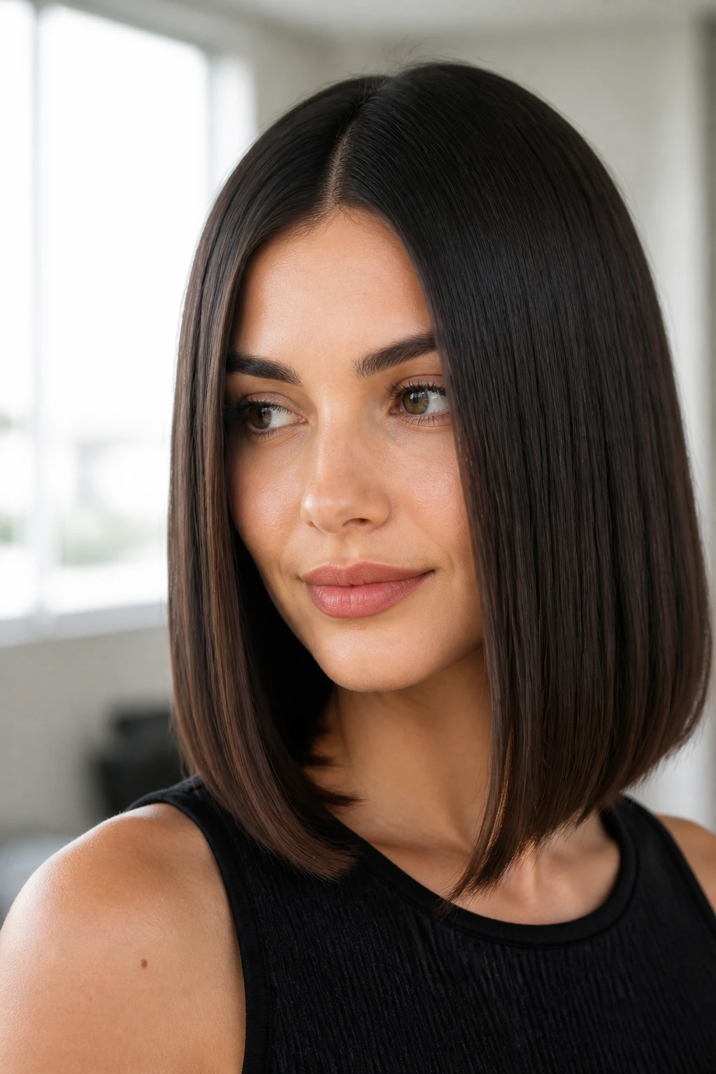 Close-up of a real woman with a center-part luxe lob, hair falling in smooth curtains on both sides.