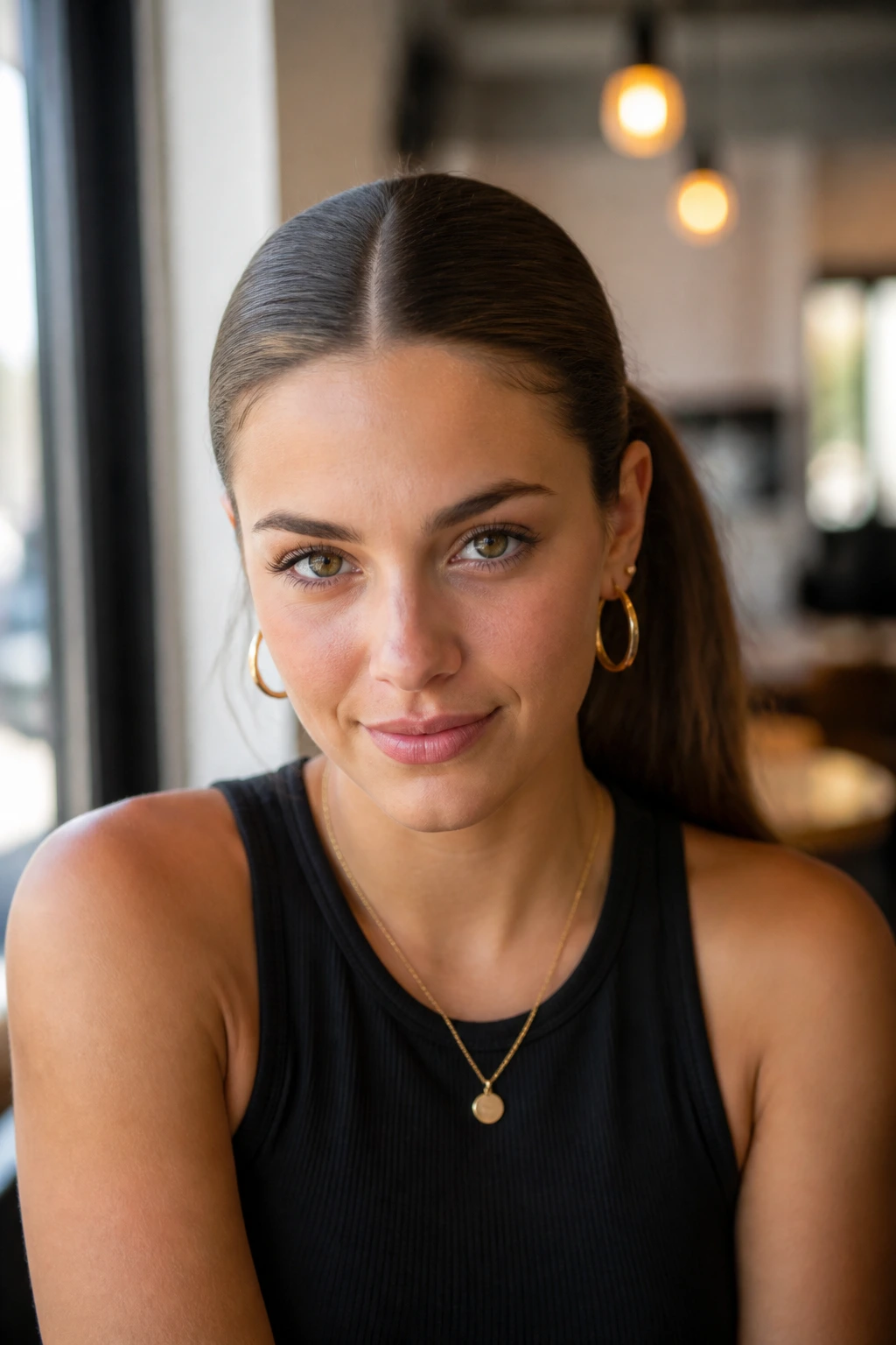 Real person with center-part mid ponytail in bright natural window light