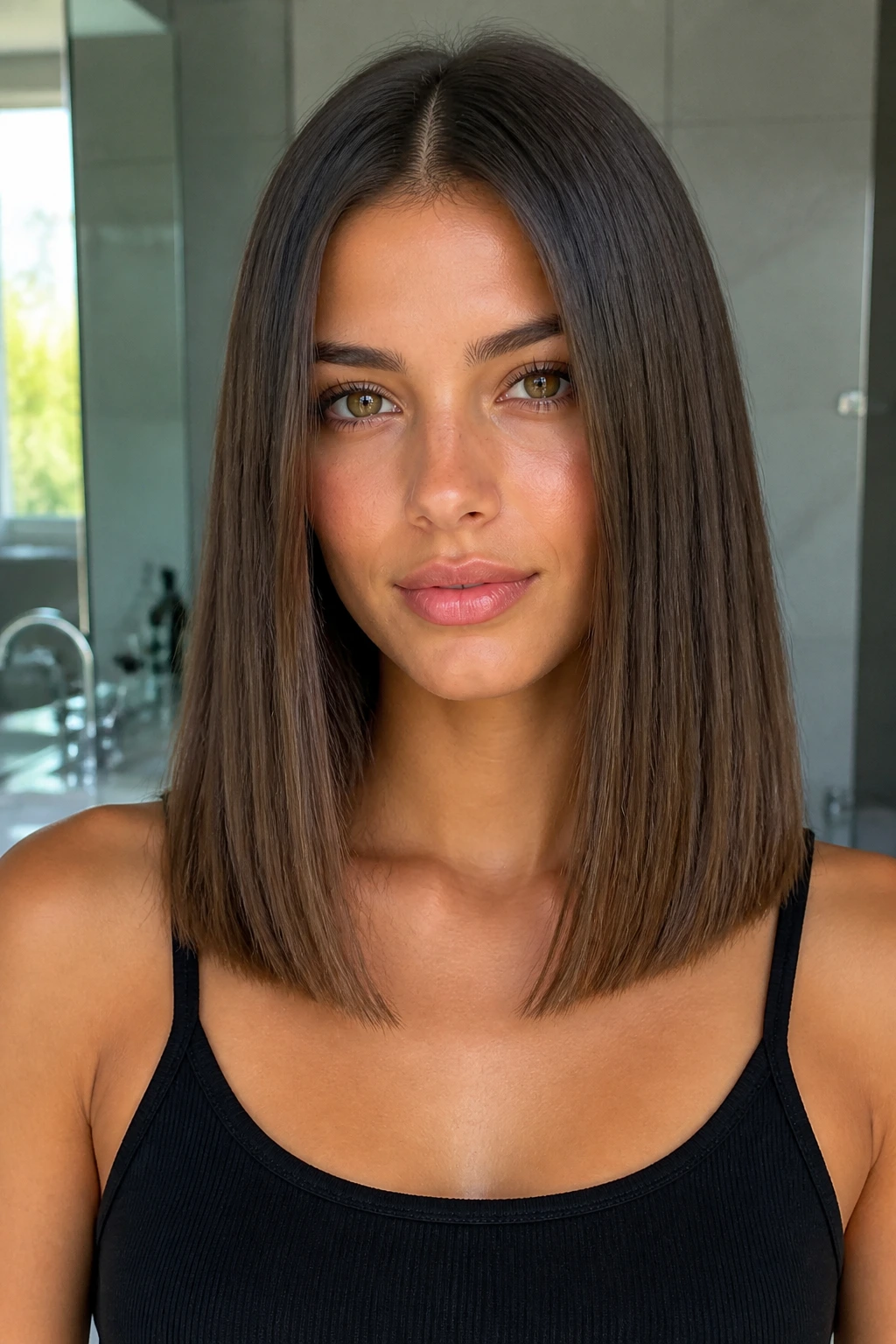 Portrait of a real woman with a center-part one-length midi cut.