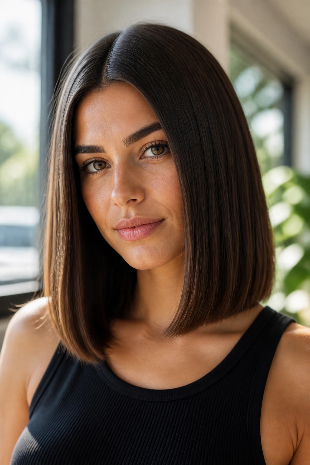 Close-up portrait of a real person with a center-part midline lob and symmetrical ends.