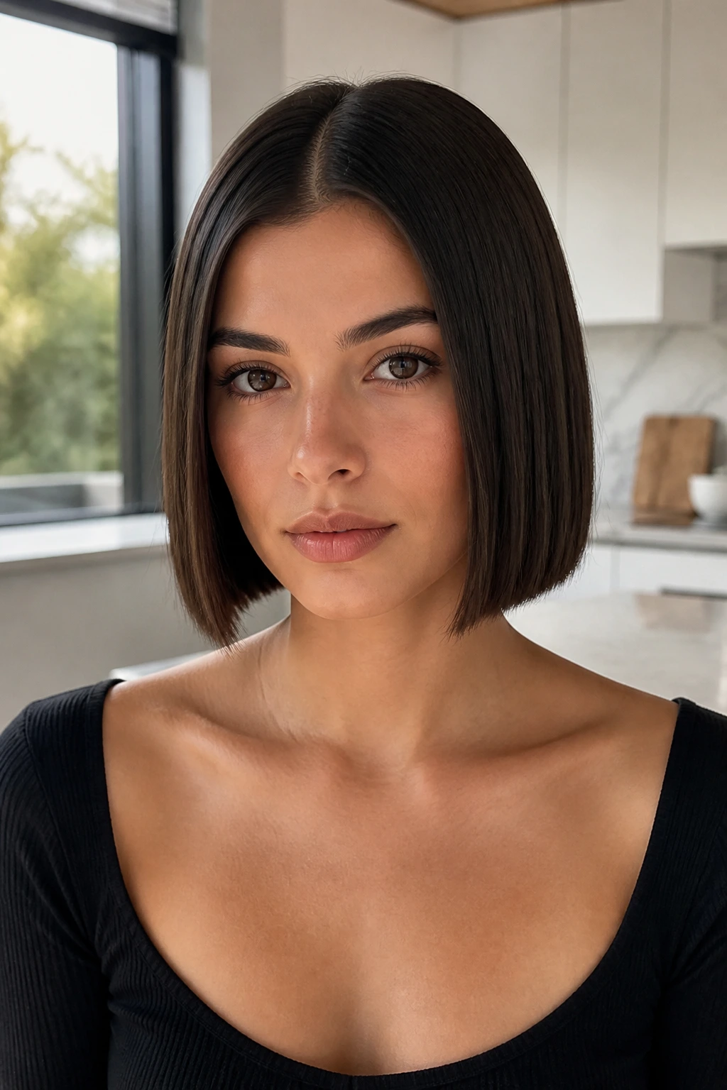 Close-up of a real woman with a center-part minimal bob