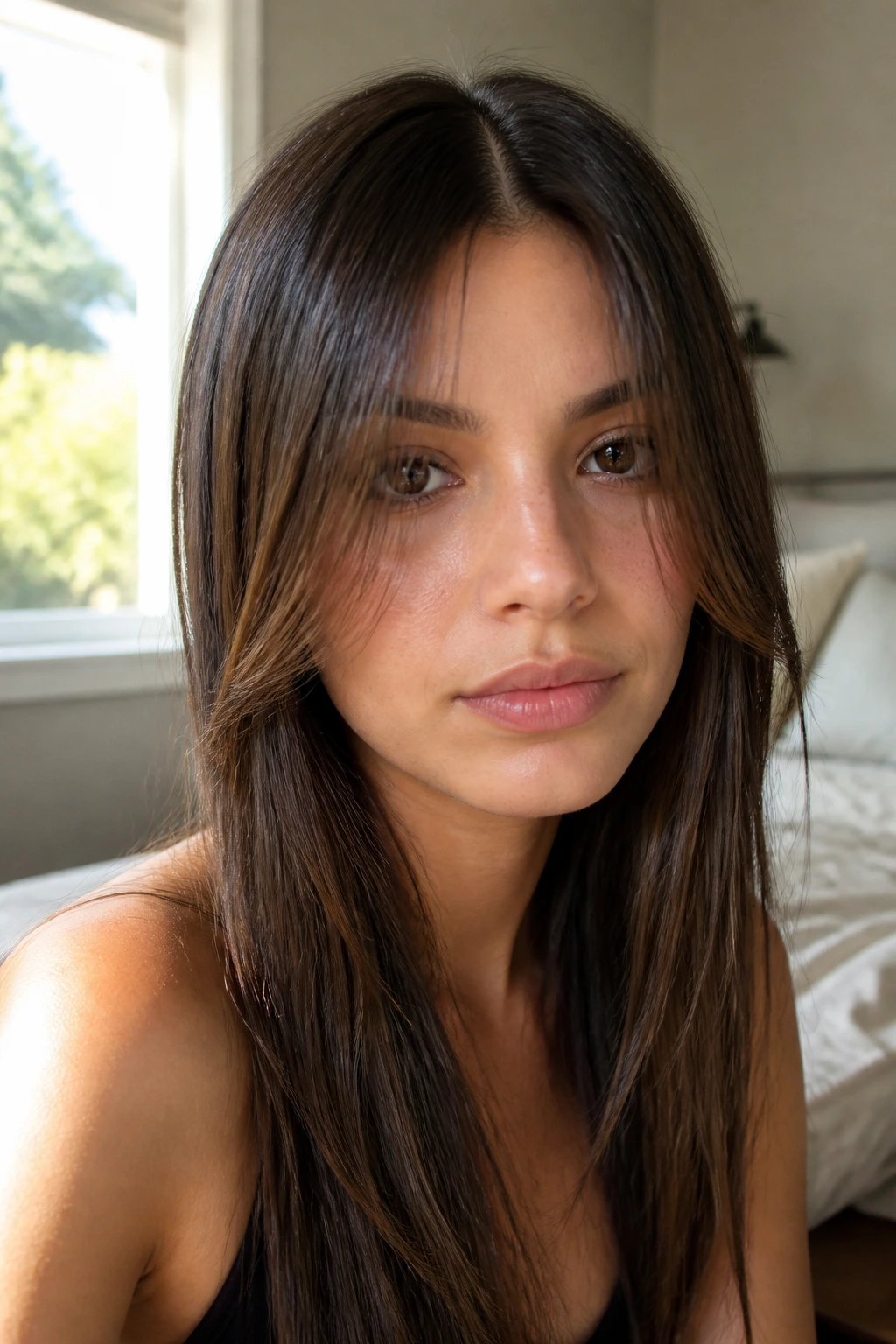 Close-up portrait of a woman with center-part straight hair and peekaboo bangs