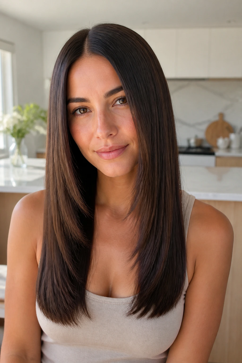 Close-up portrait of a woman with center-part perimeter cut