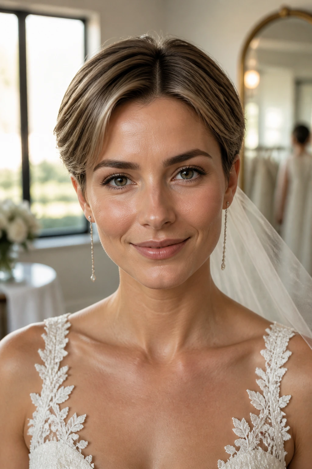Bride with center-part pixie in soft bridal lighting