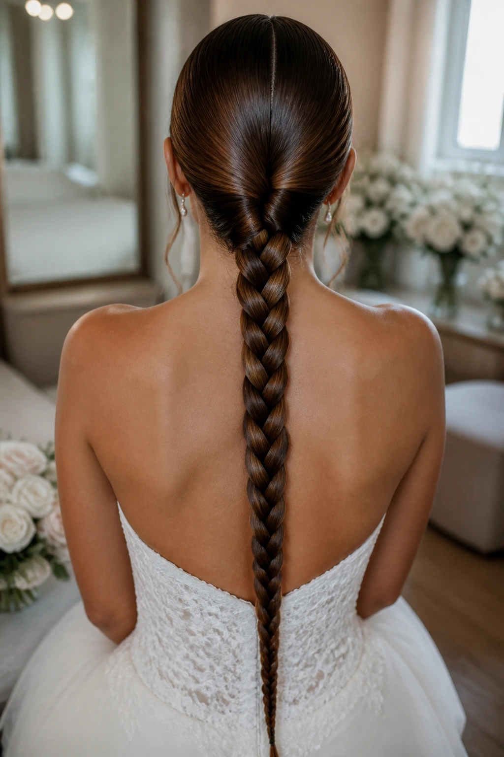 Back view of a center-part sleek plait braided down the back