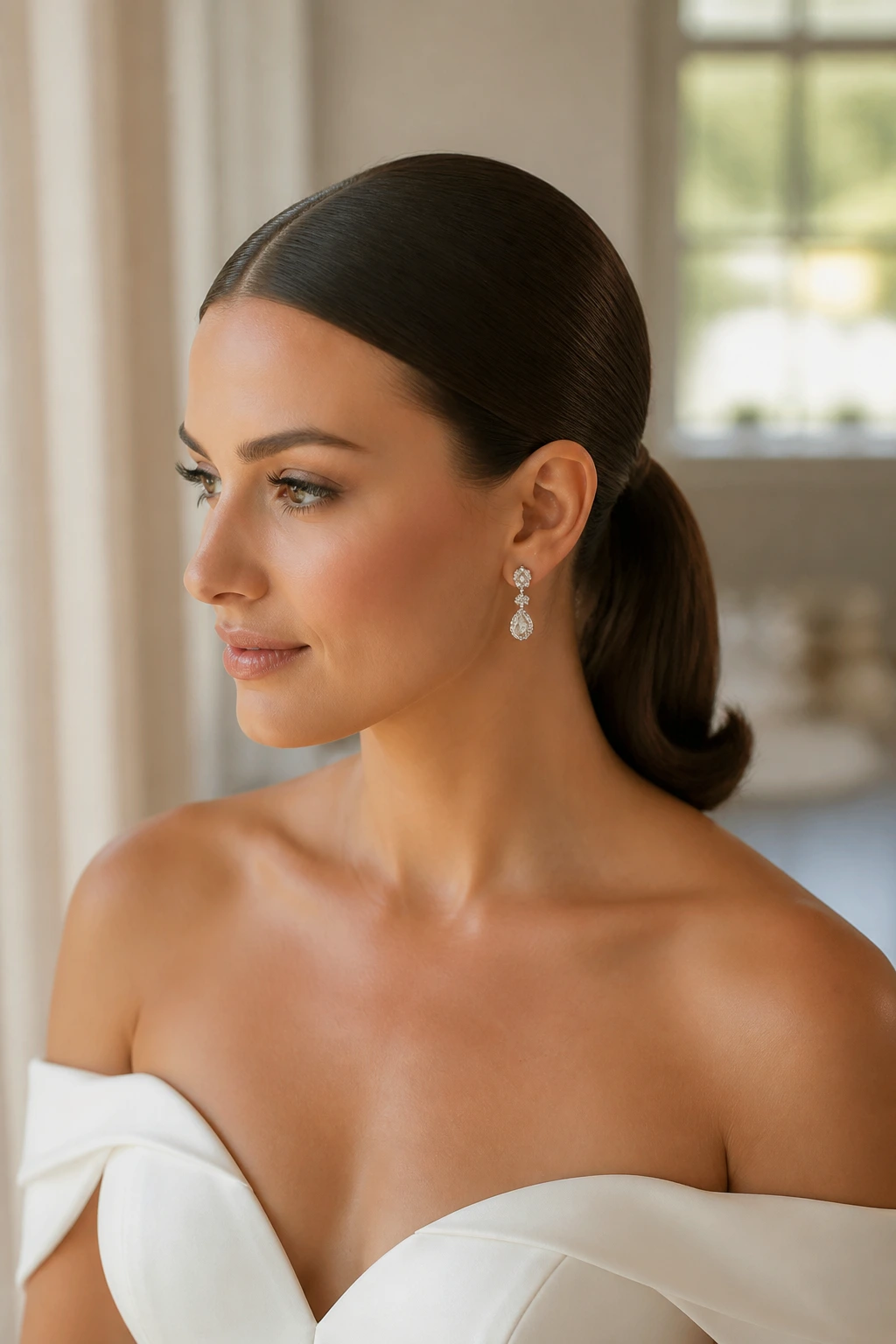 Bride with center-parted sleek ponytail and tucked ends