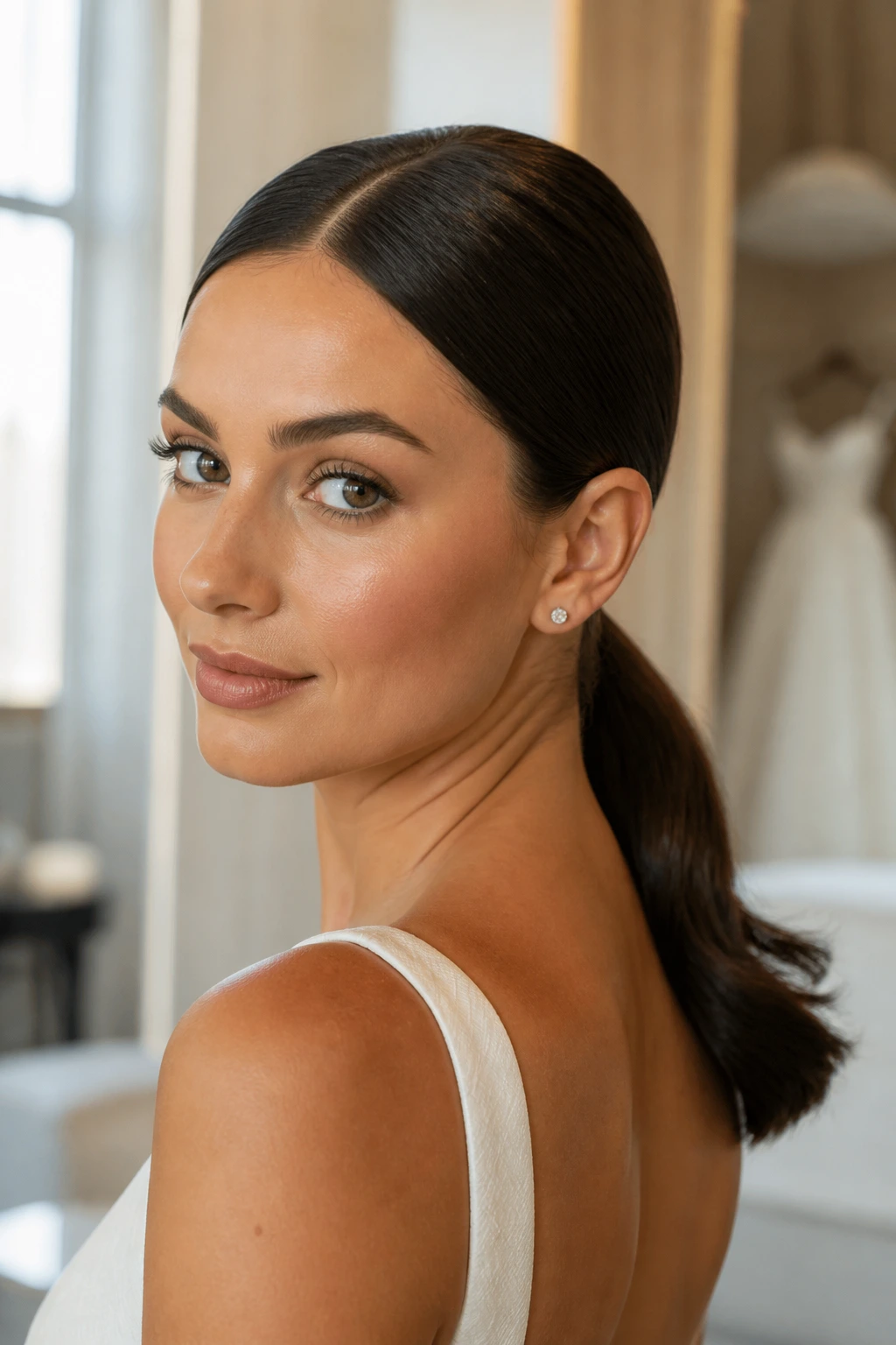 Close-up of bride with center-part low ponytail at the nape
