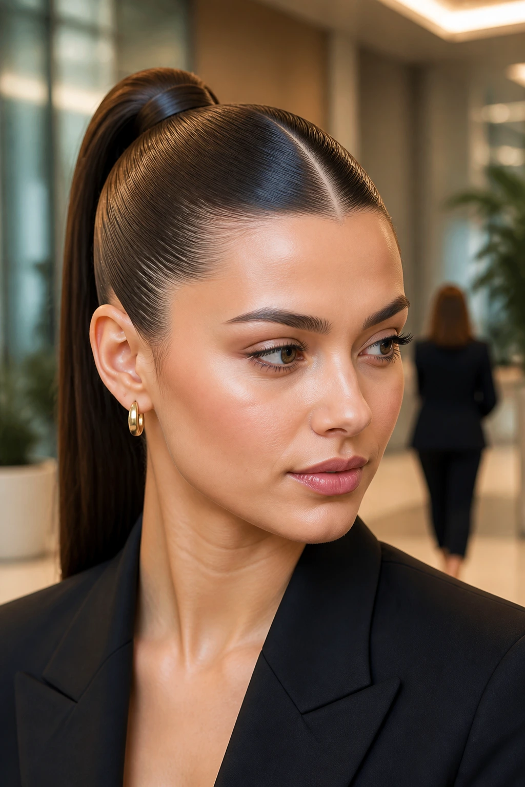 Portrait of a woman with a glass-finish center part high ponytail