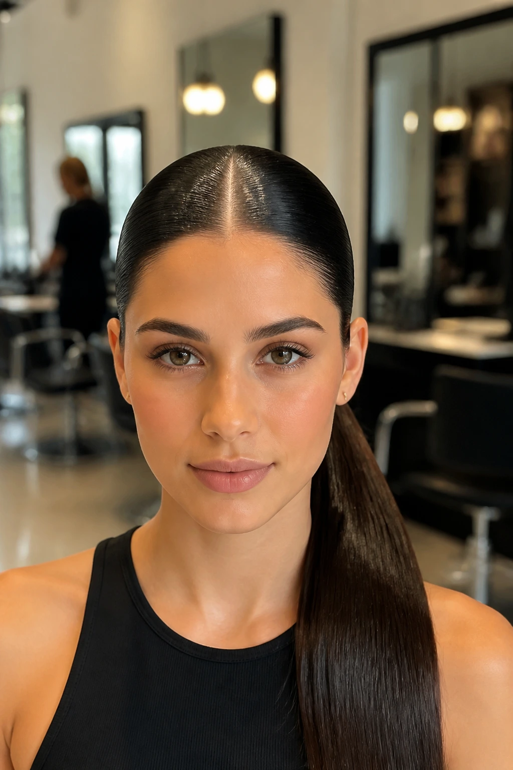 Close-up of a real woman with a center-part glass ponytail.
