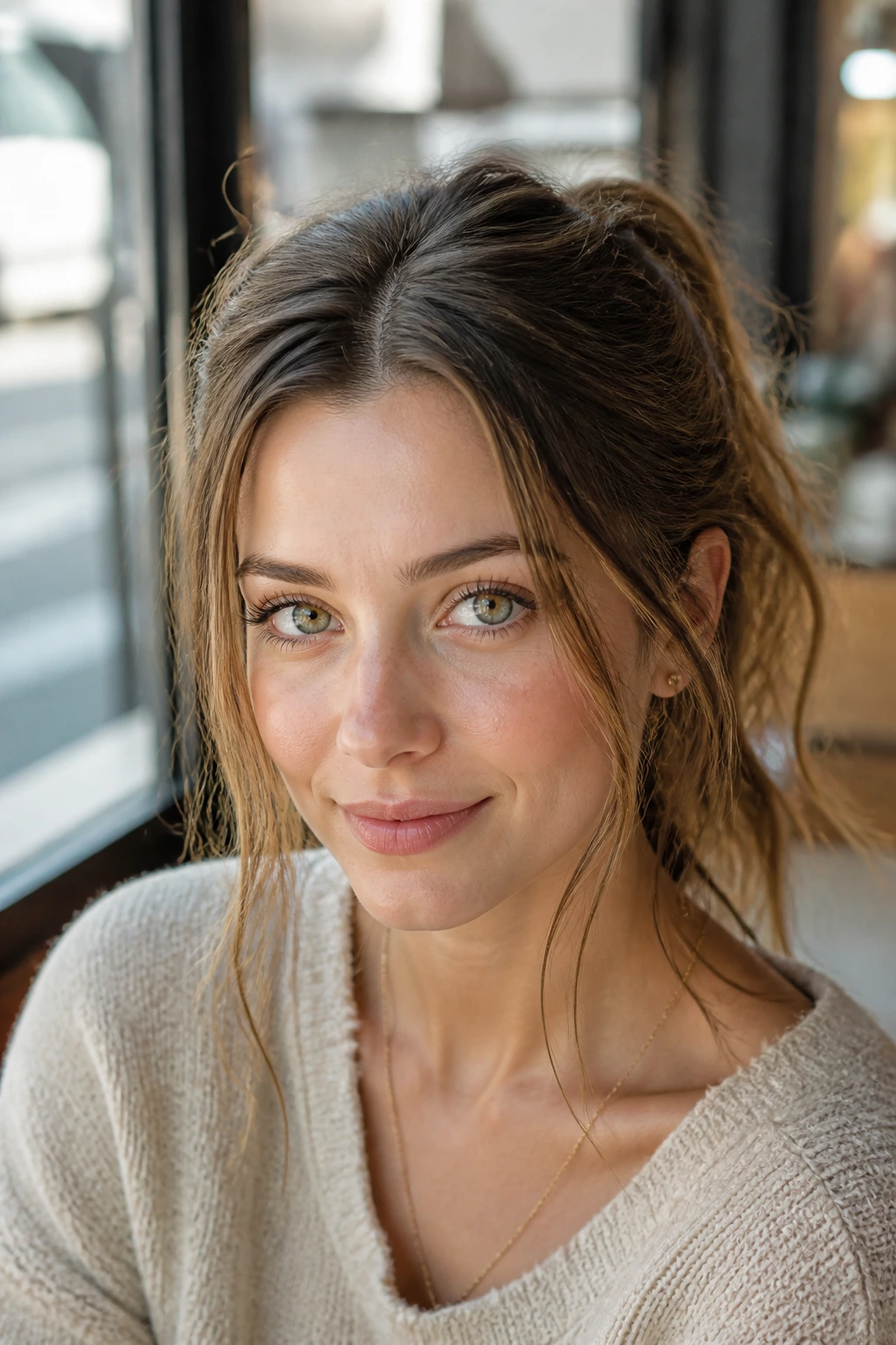 Center-part messy ponytail real woman close-up