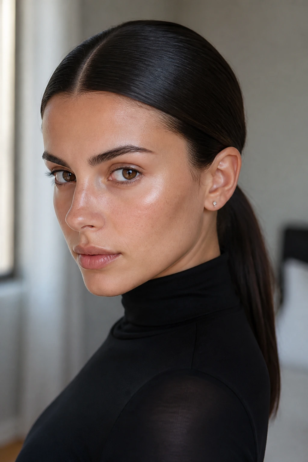 Close-up of a real woman with a minimalist center-part ponytail