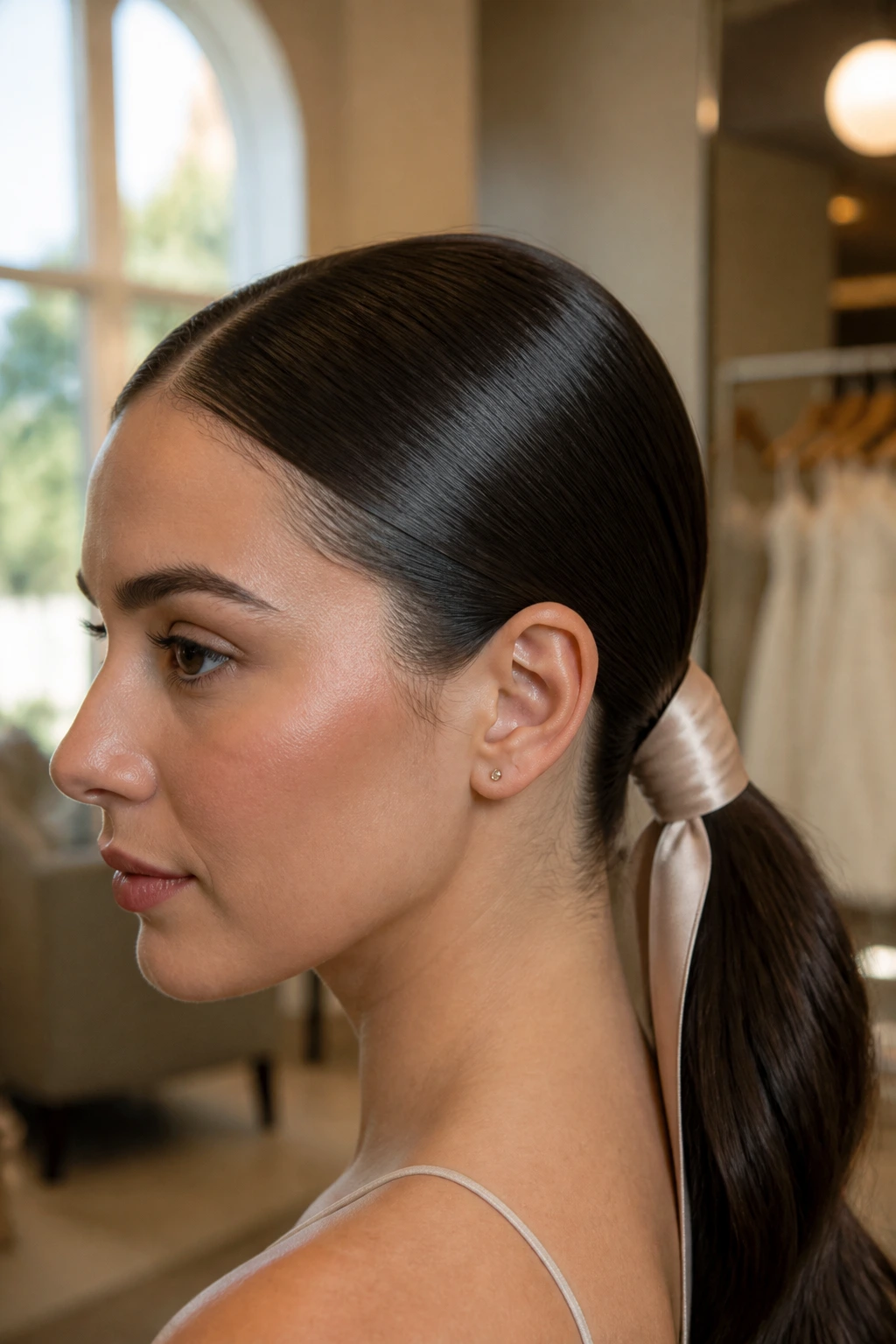 Close-up of real person with center-part low ponytail and satin wrap