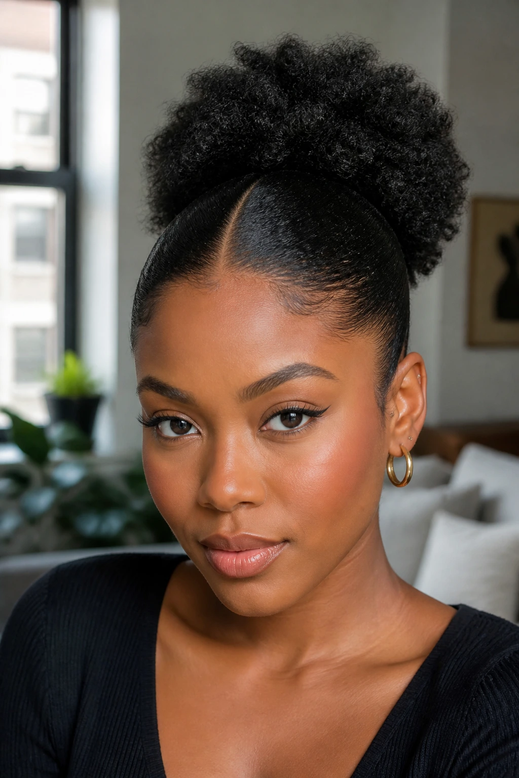Portrait of a real woman with a sleek center-part puff.