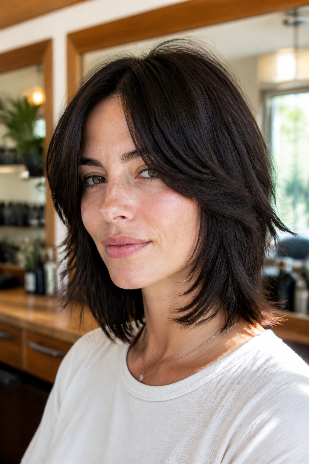 Close-up of a real woman's face with center-part razor shag, cheekbone-length airy layers