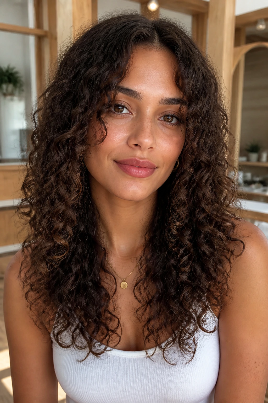 Real woman with long center-parted curls and face-framing ribbons.