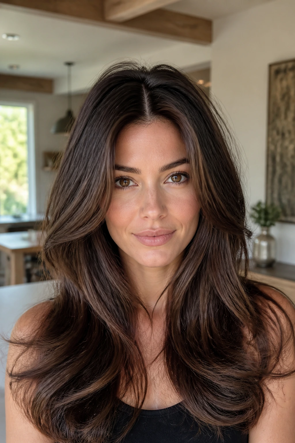 Close-up portrait of a real person with center-parted layers and root lift
