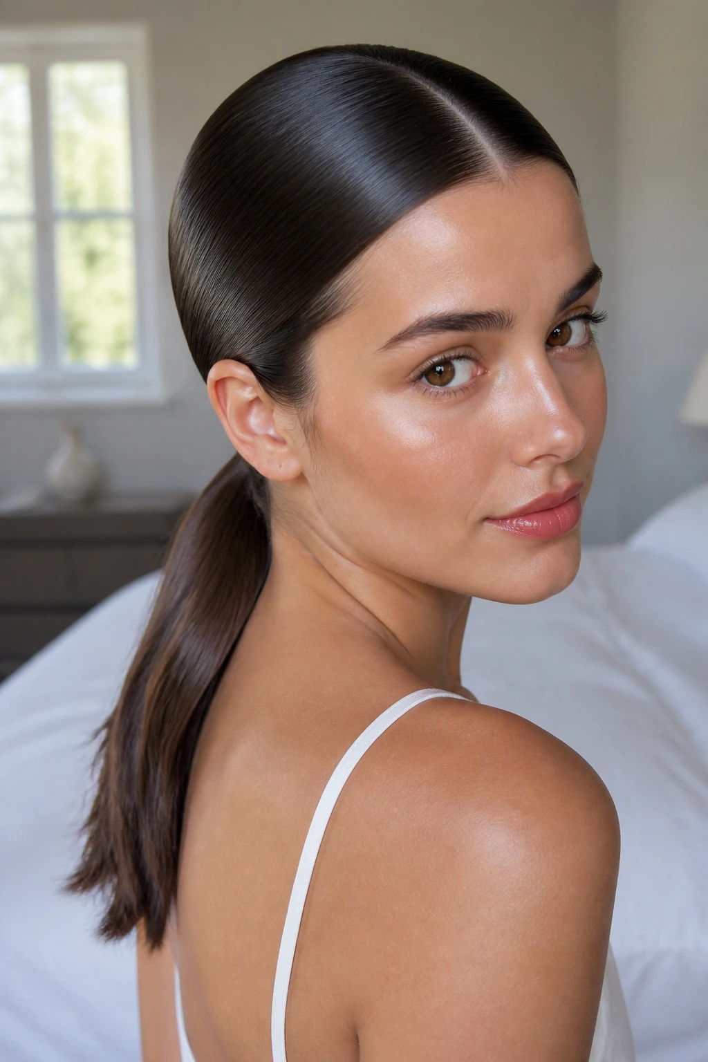 Close-up of a real woman with center-part satin-sleek low ponytail