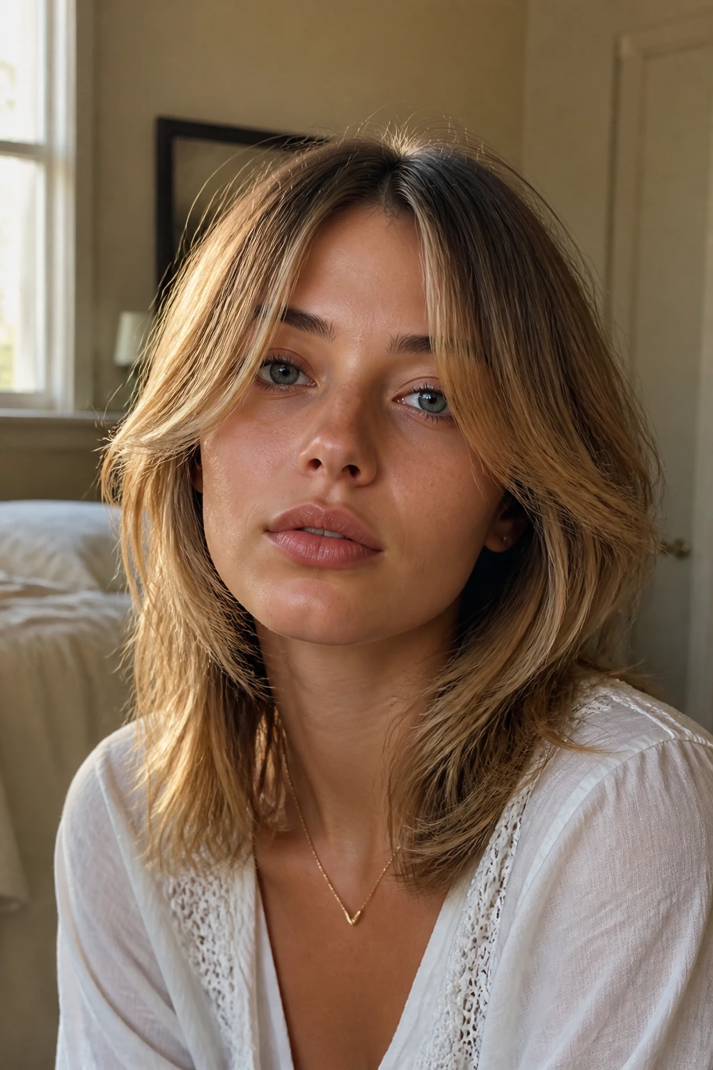 Close-up portrait of a real woman with a center-part 90s shag hairstyle in warm window light