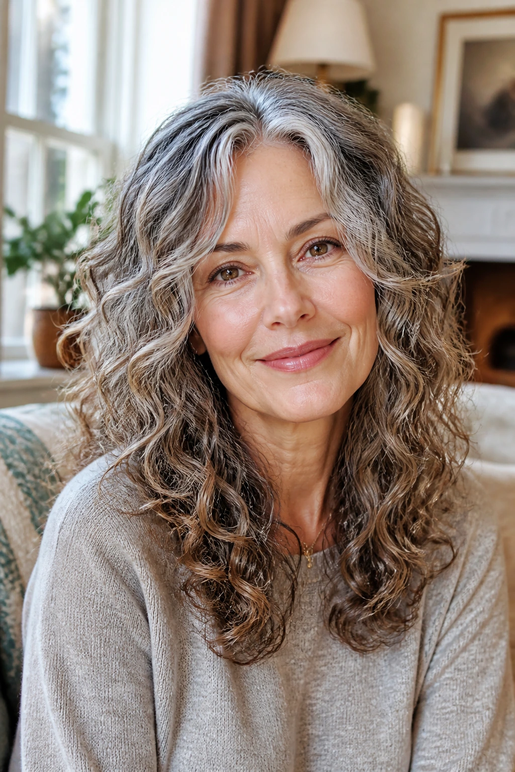Real woman with center-part shag balanced curls in a sunlit living room.