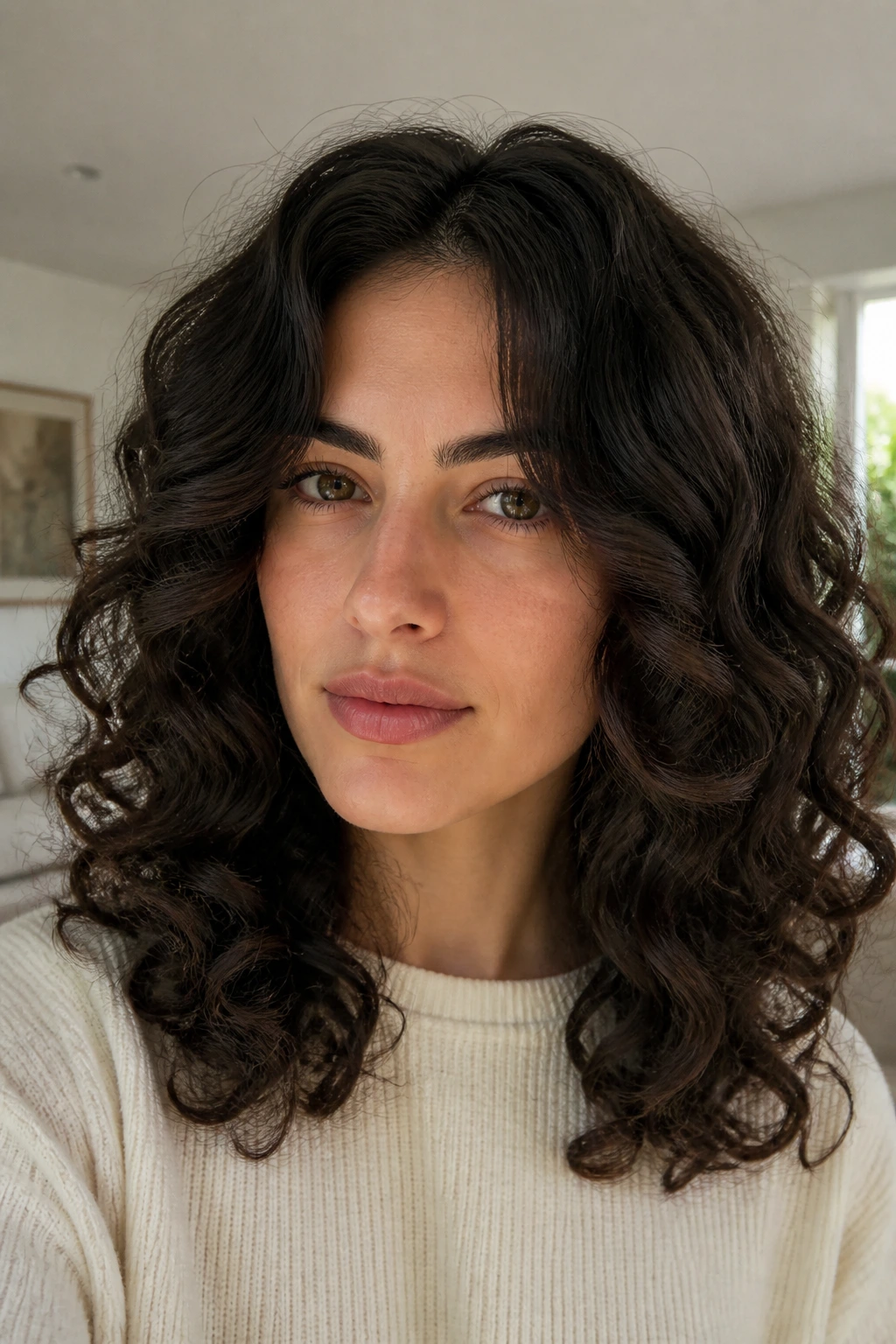 Center-part shag with soft bends around jaw and cheek