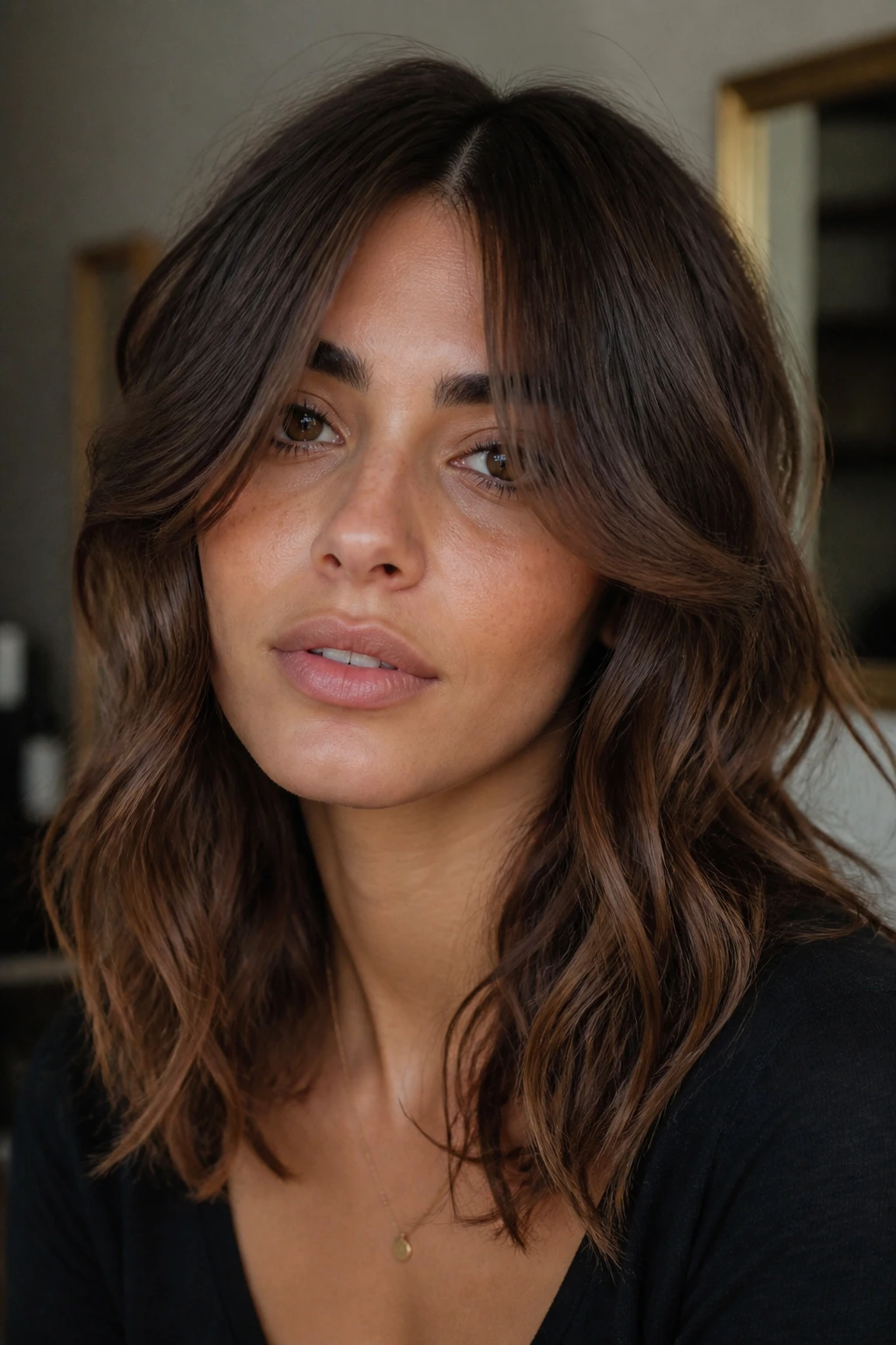 Close-up portrait of a real woman with center-part shag and curtain pieces