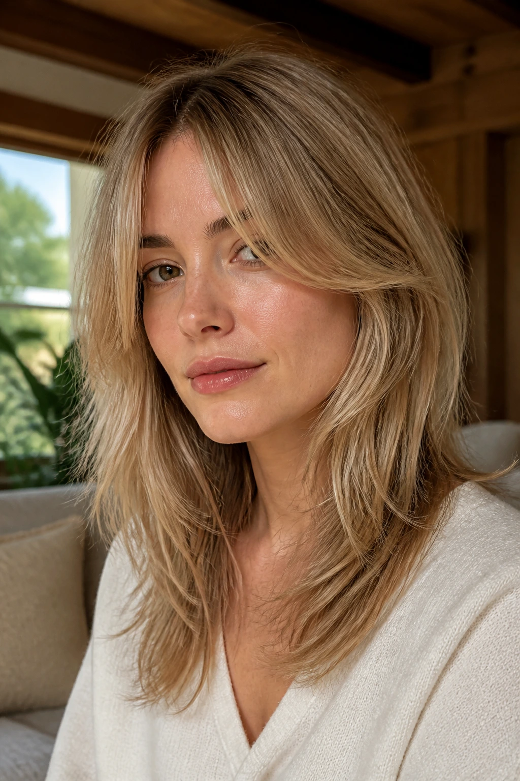 Close-up portrait of a woman with a center-part shag and long bangs.