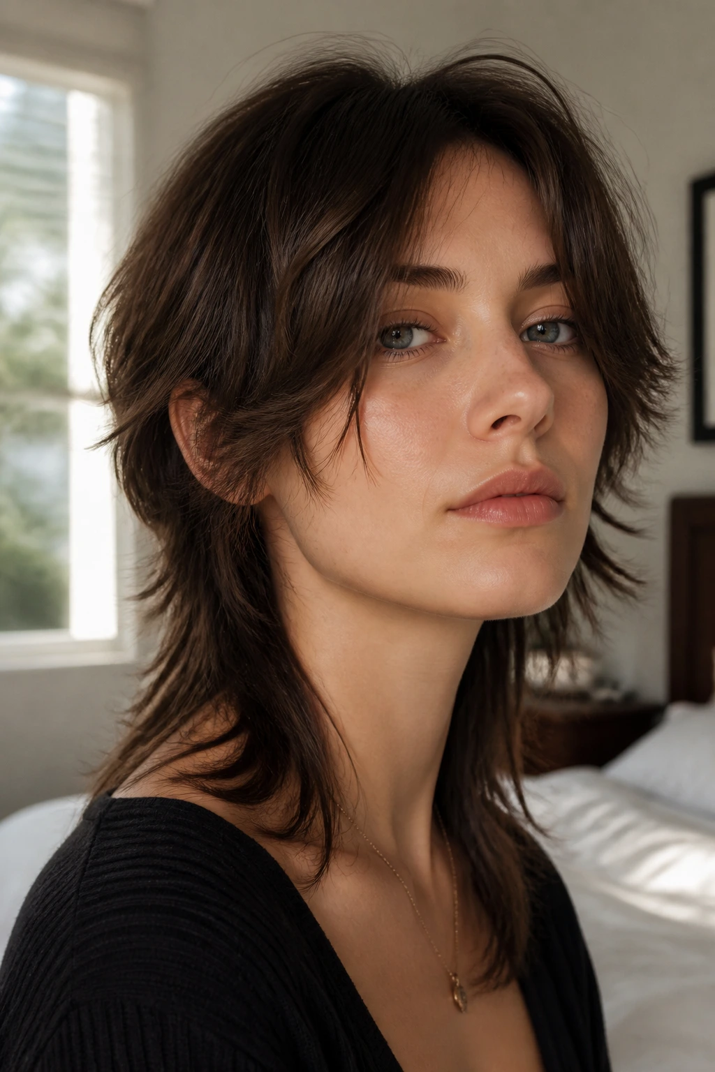 Close-up portrait of a real woman with a Center-Part Shag Mullet with Airy Sides