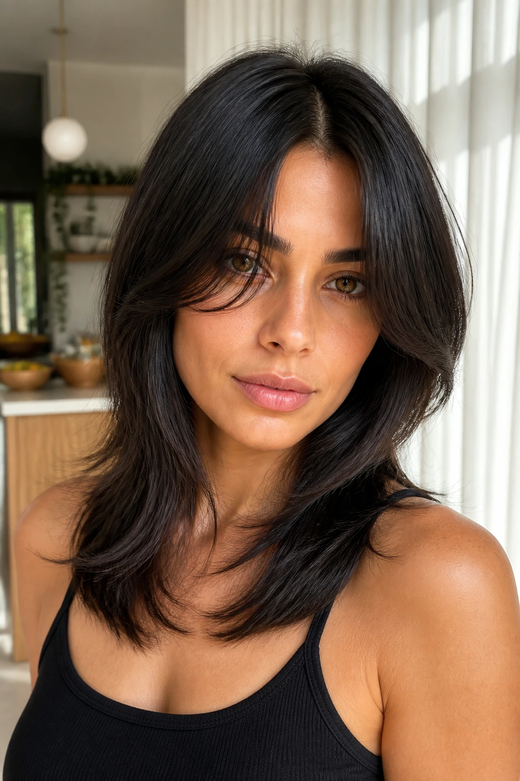 Close-up of a real woman with Center-Part Glassy Shag showing glossy center-part and soft end separation