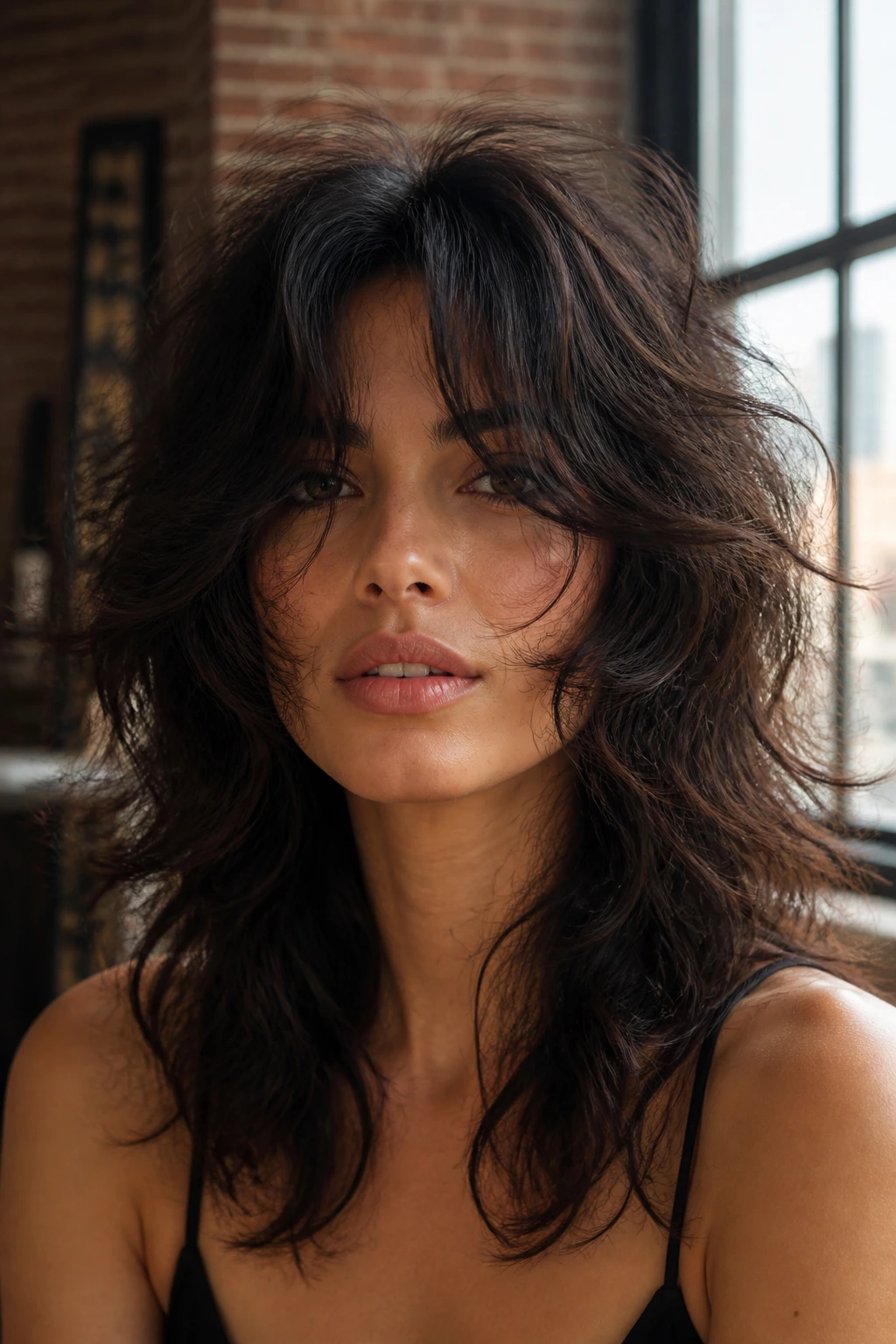 Portrait of a real person with a high-volume center-part shag and split bangs