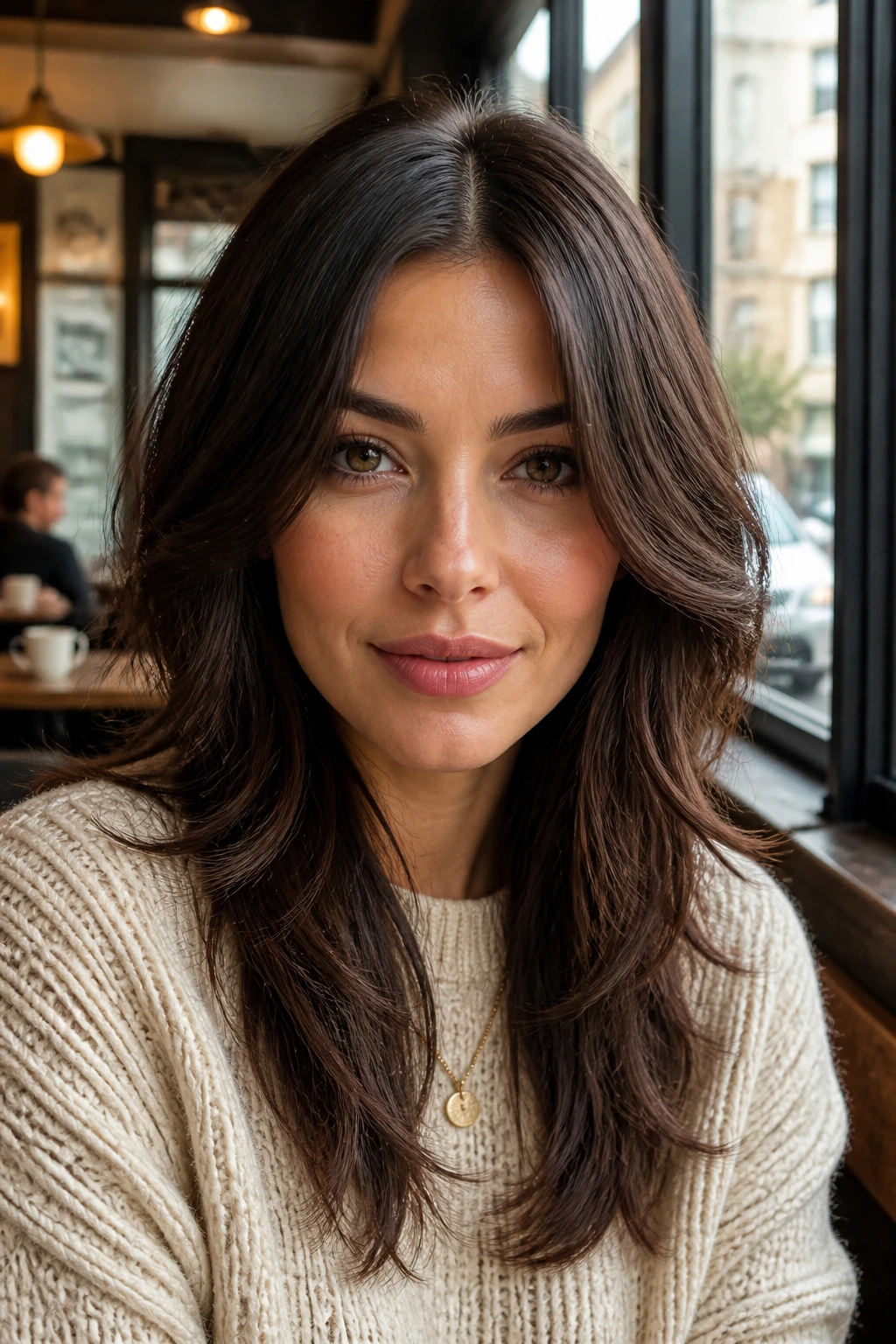 Portrait of woman with center-part shag and symmetric front layers