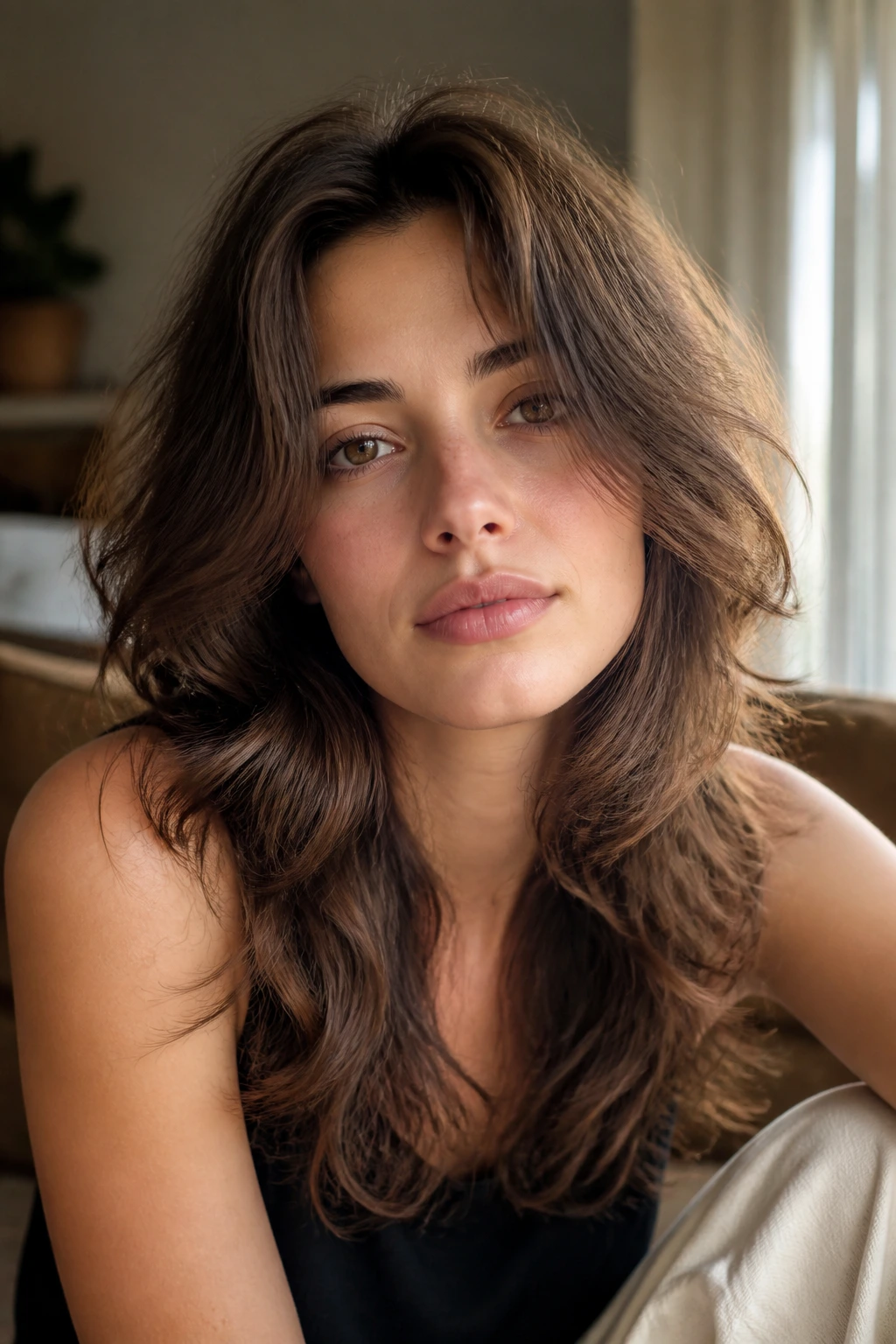 Center-part shag on a real person with wavy hair in natural window light
