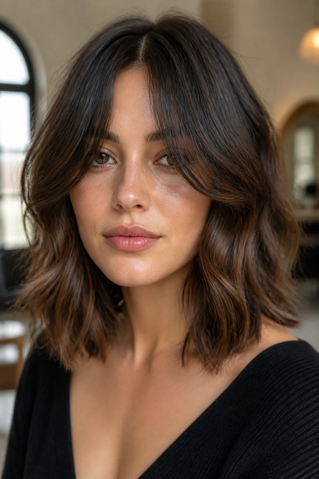 Brunette with center-part shaggy bob and bottleneck fringe in a softly lit salon.