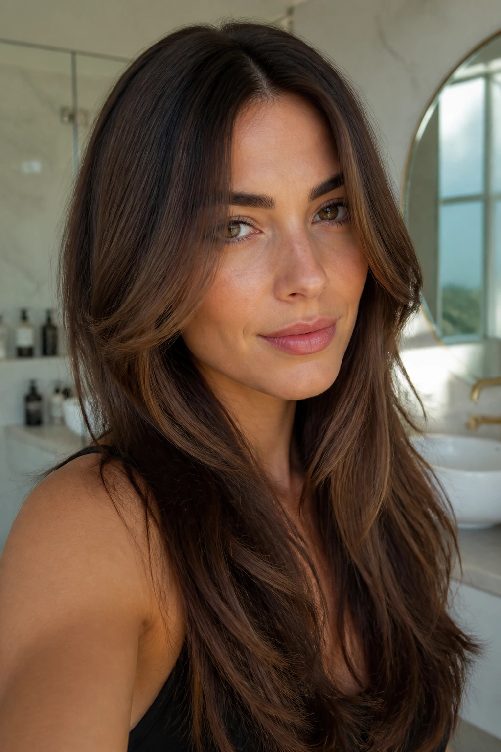 Portrait showing center-part face-framing layers on long hair