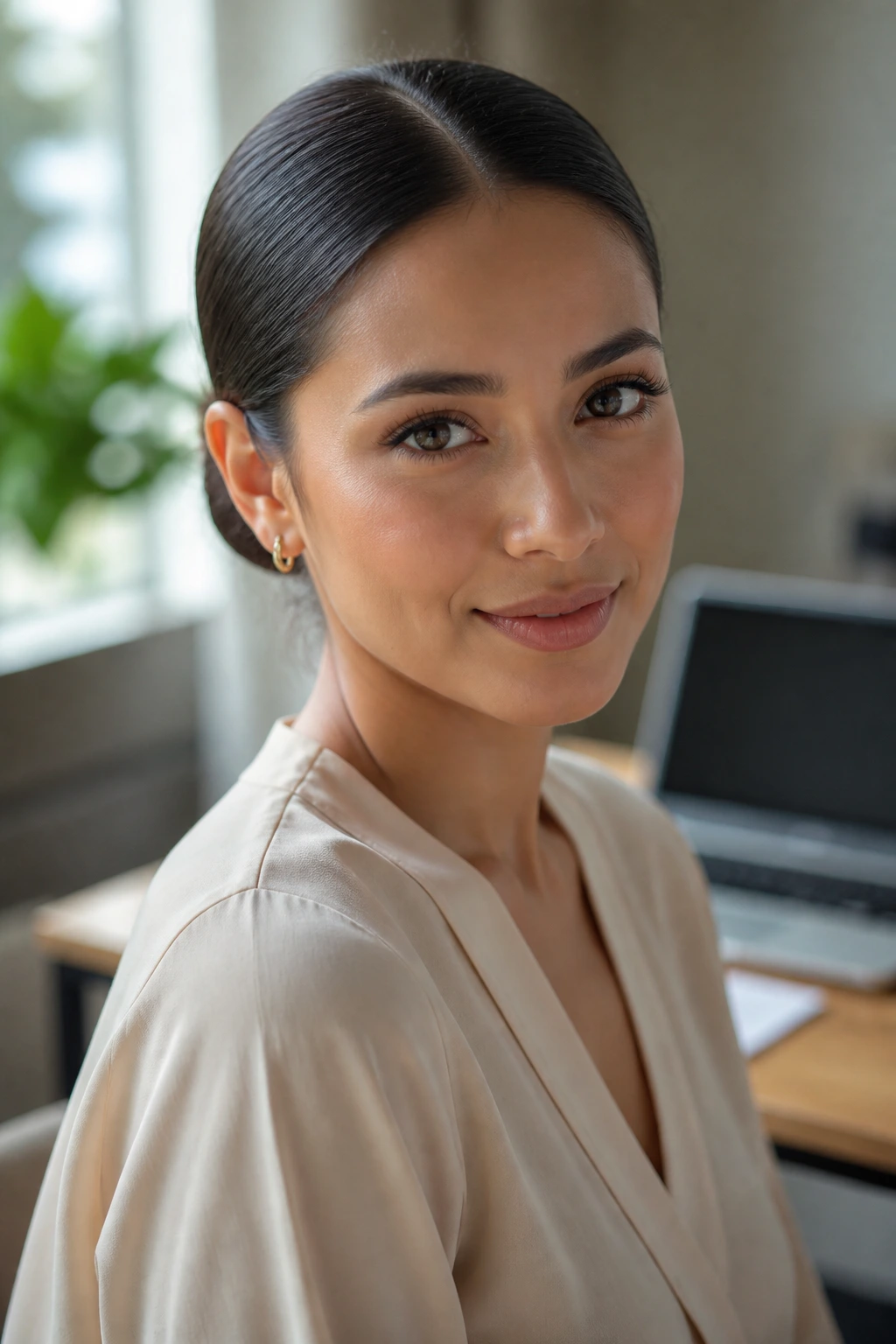 Close-up of a woman with a center-part sleek bun in an office
