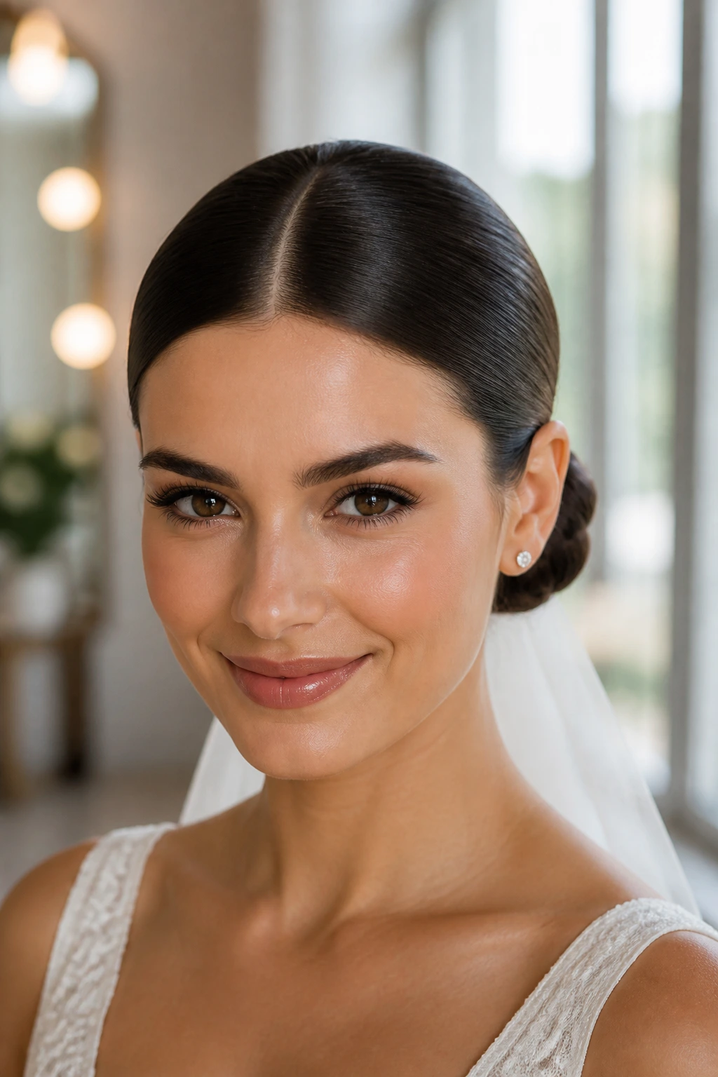 Close-up of a bride with a center-part sleek bun in a bright room