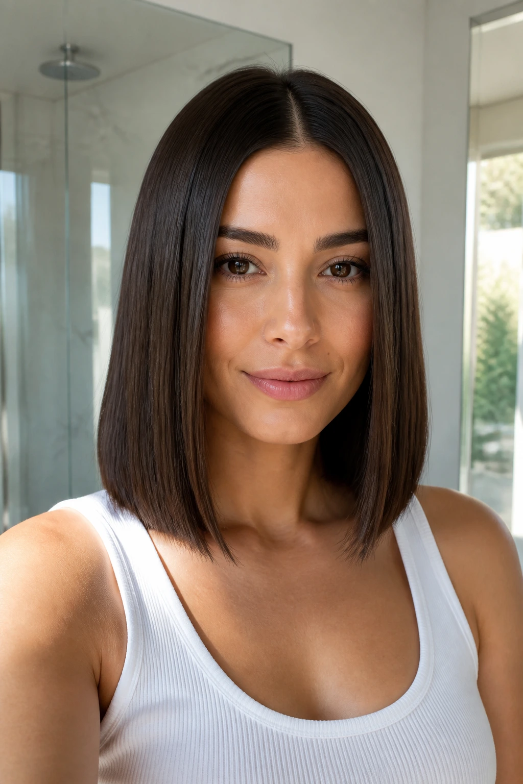 Center-Part Sleek Lob close-up portrait of a real person with centered sleek lob hairstyle