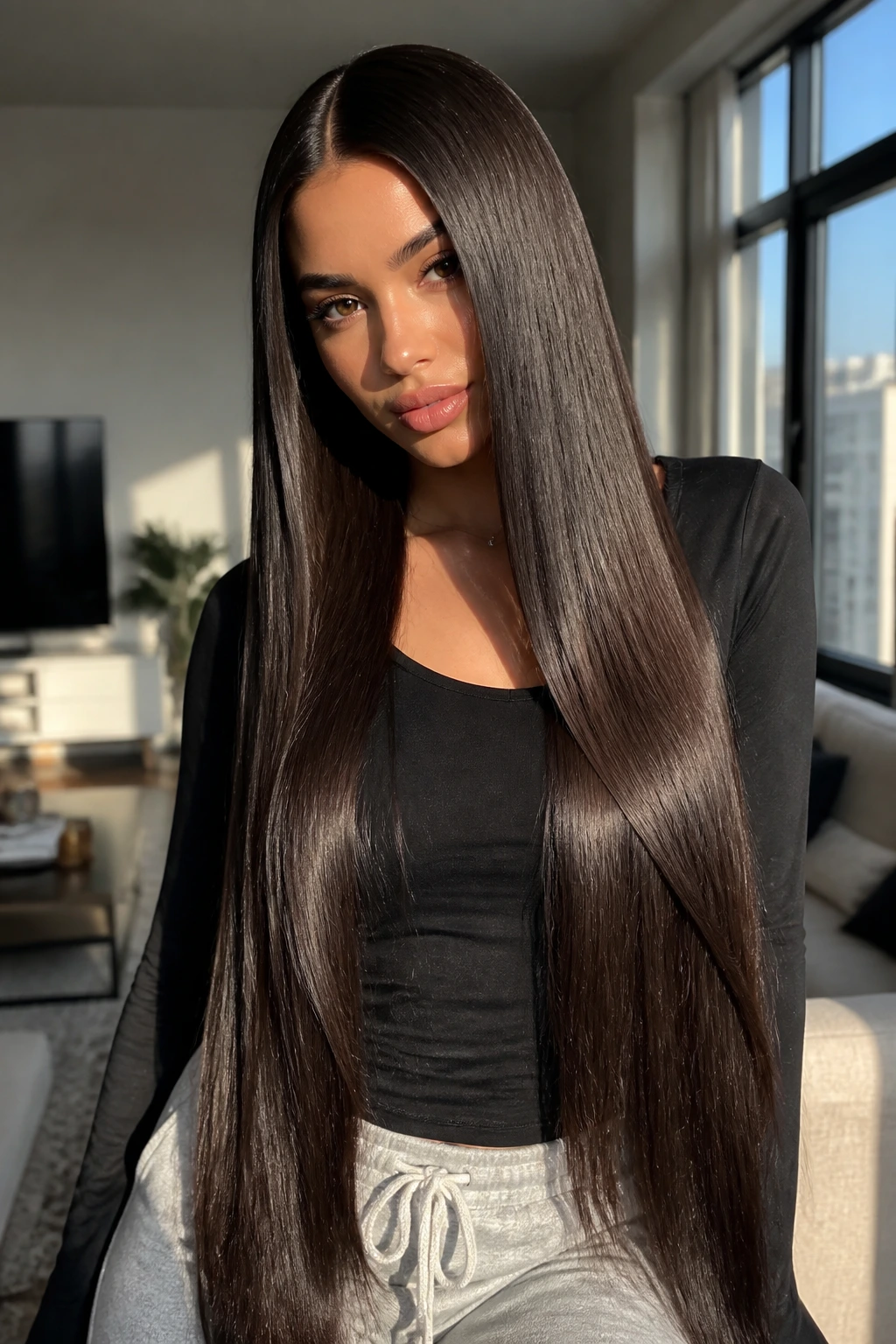 Portrait of a real woman with waist-length sleek hair and a center part in natural daylight