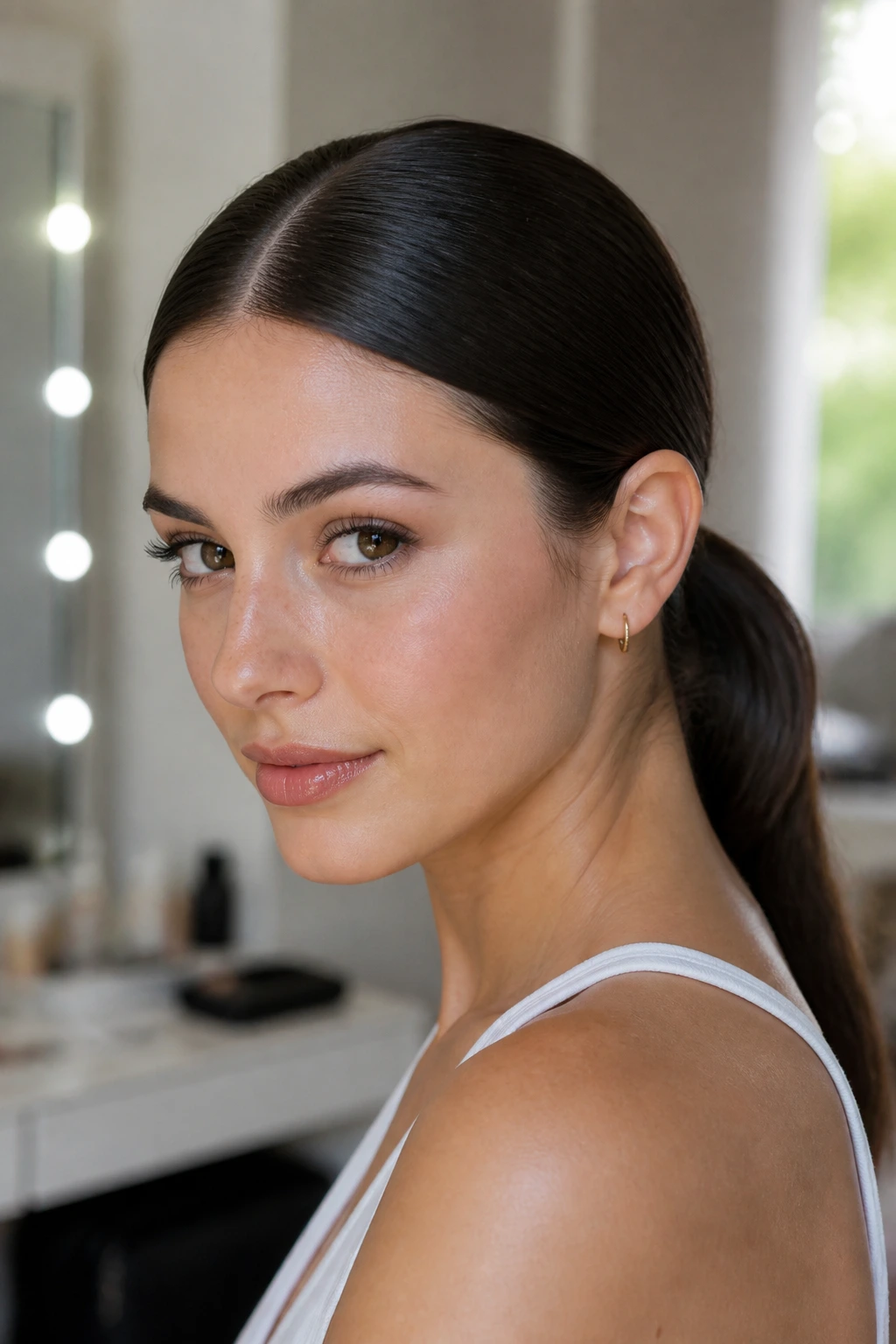 Close-up of a real woman with a center-part sleek low ponytail