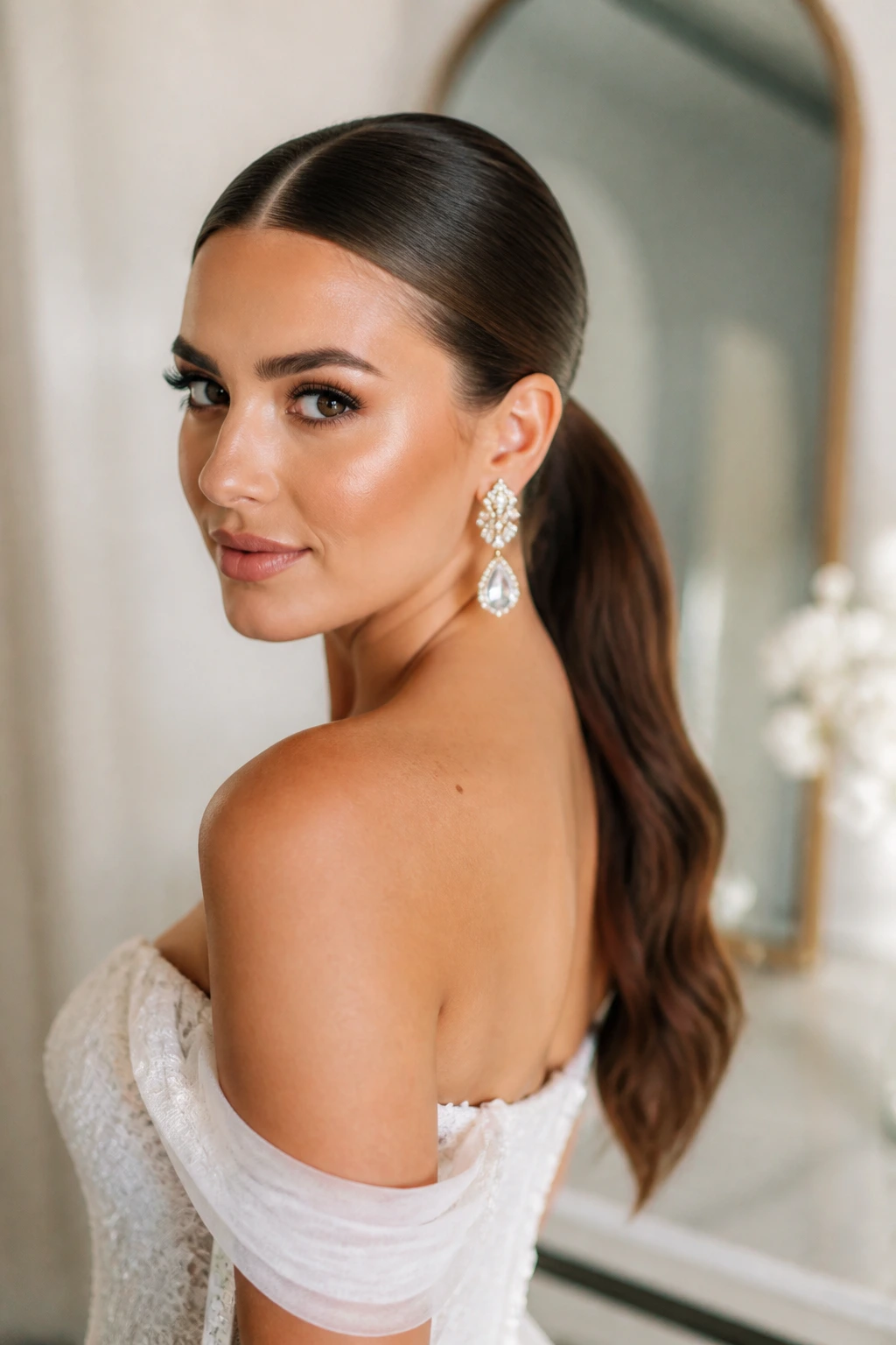 Bride with sleek center-part ponytail and statement earrings