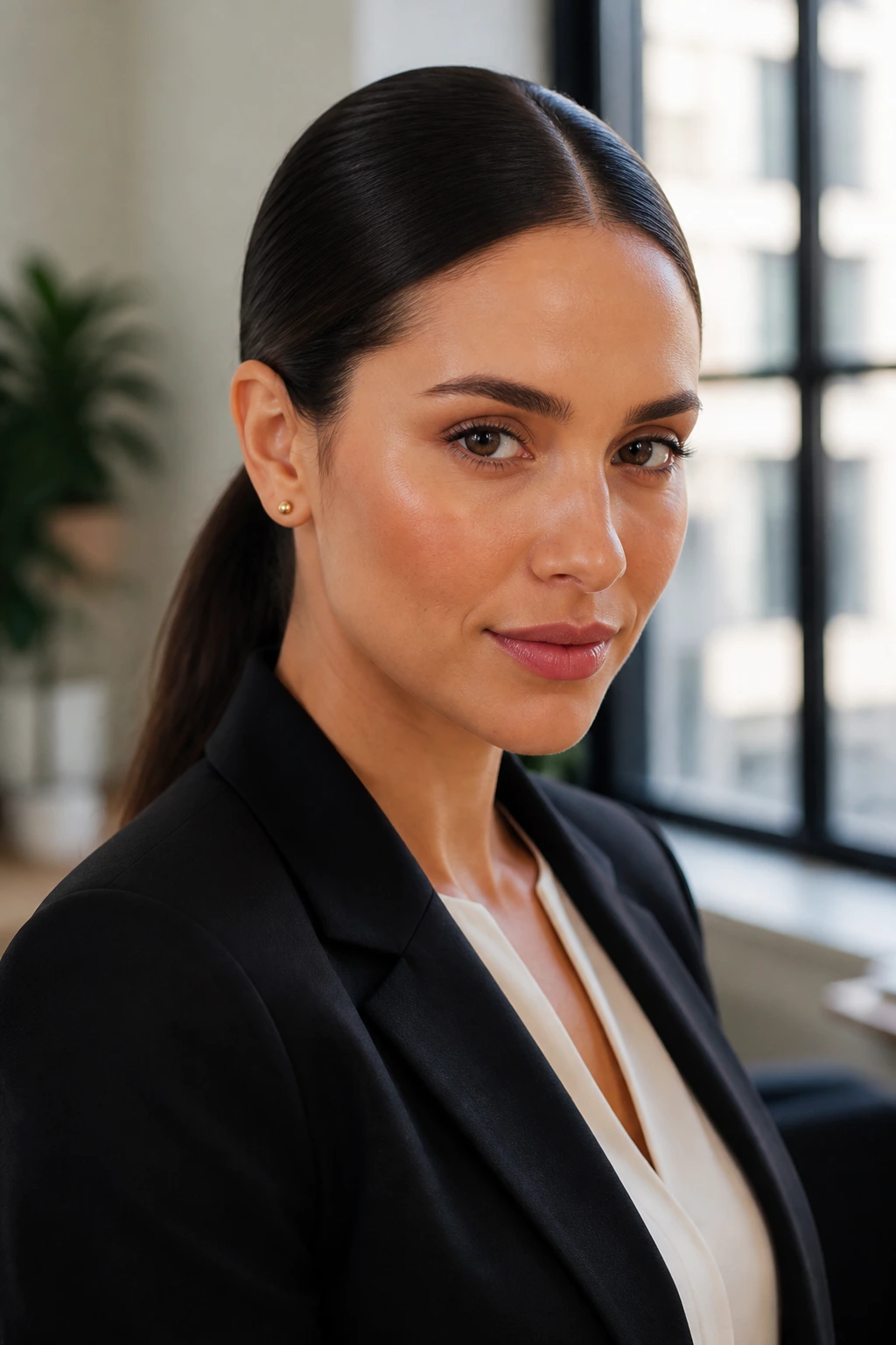 Close-up portrait of a woman with a center-part sleek ponytail in an office setting