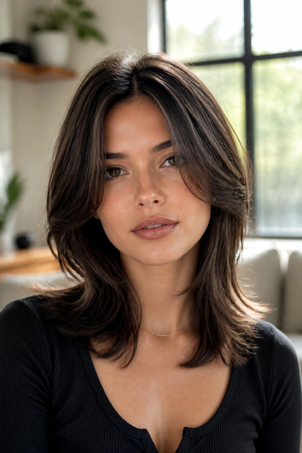 Close-up portrait of a real woman with a center-part sleek shag and soft cheek-framing pieces in natural window light.