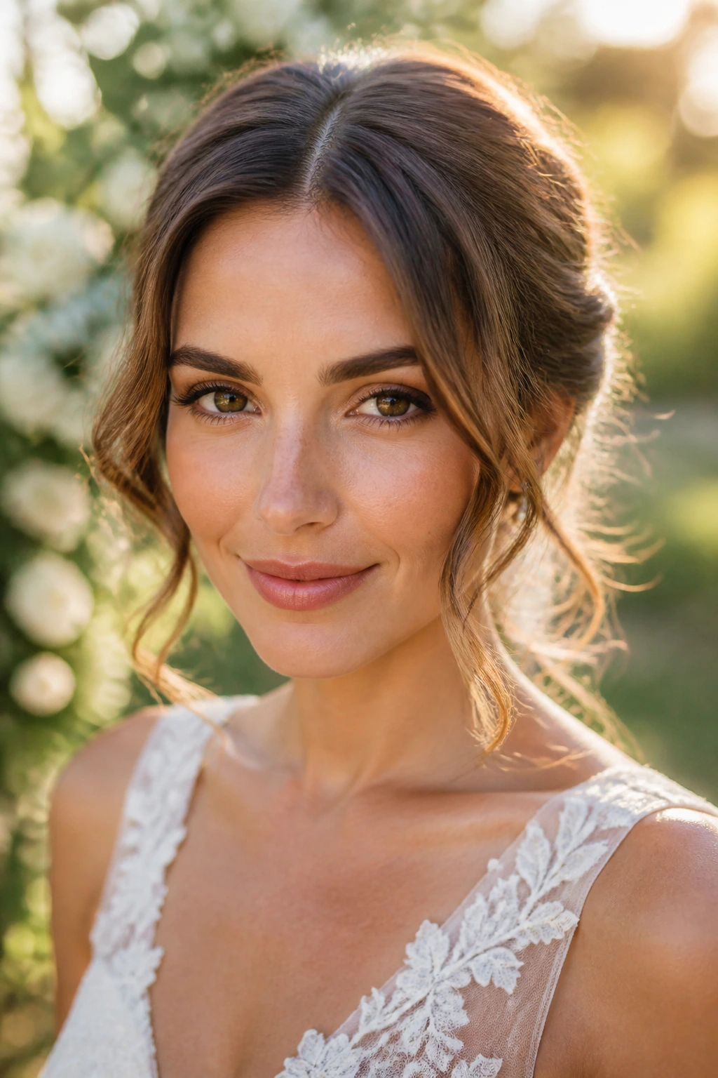 Close-up of a woman with center-part waves in a garden setting during golden hour