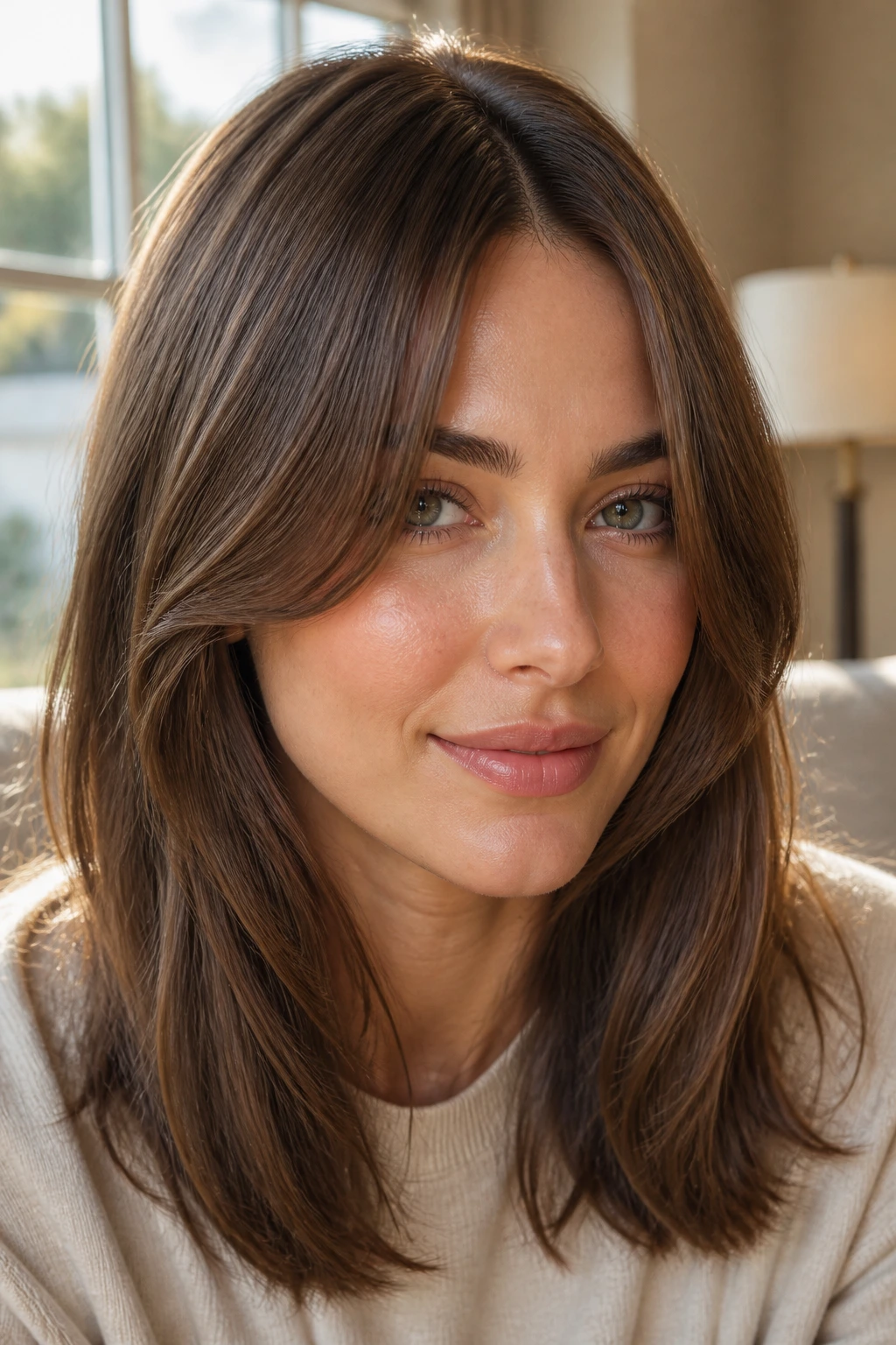 Portrait of a person with a center part softening the face frame.