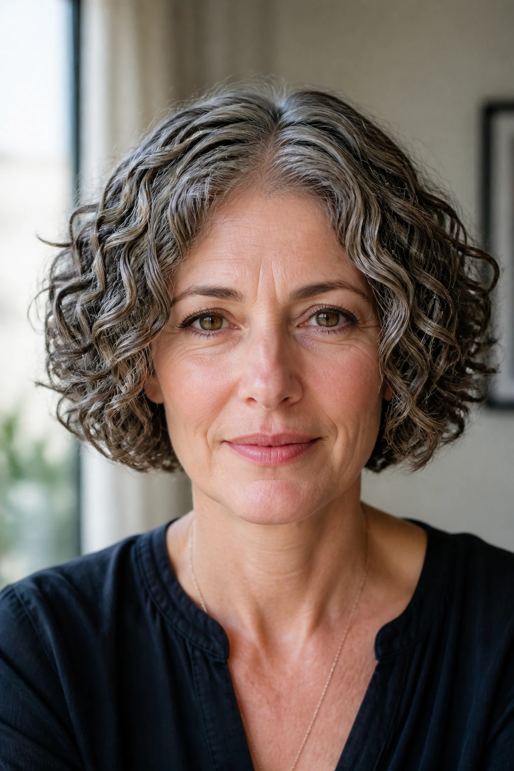 Close-up portrait of a woman with a center-part spiral bob at chin length, direct gaze.