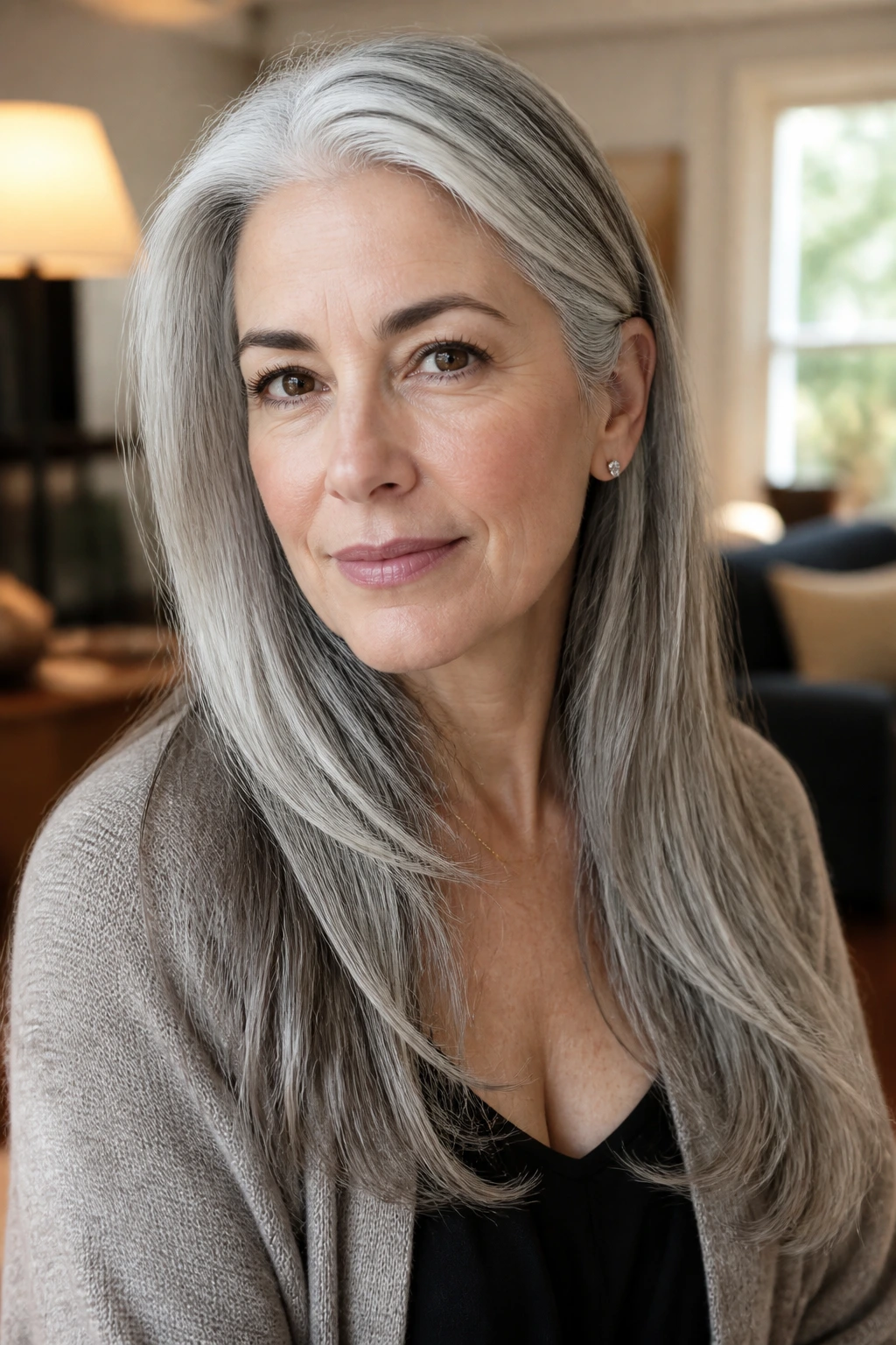 Portrait of a real woman with long gray hair showing center part and tucked-behind-ear styling in soft light