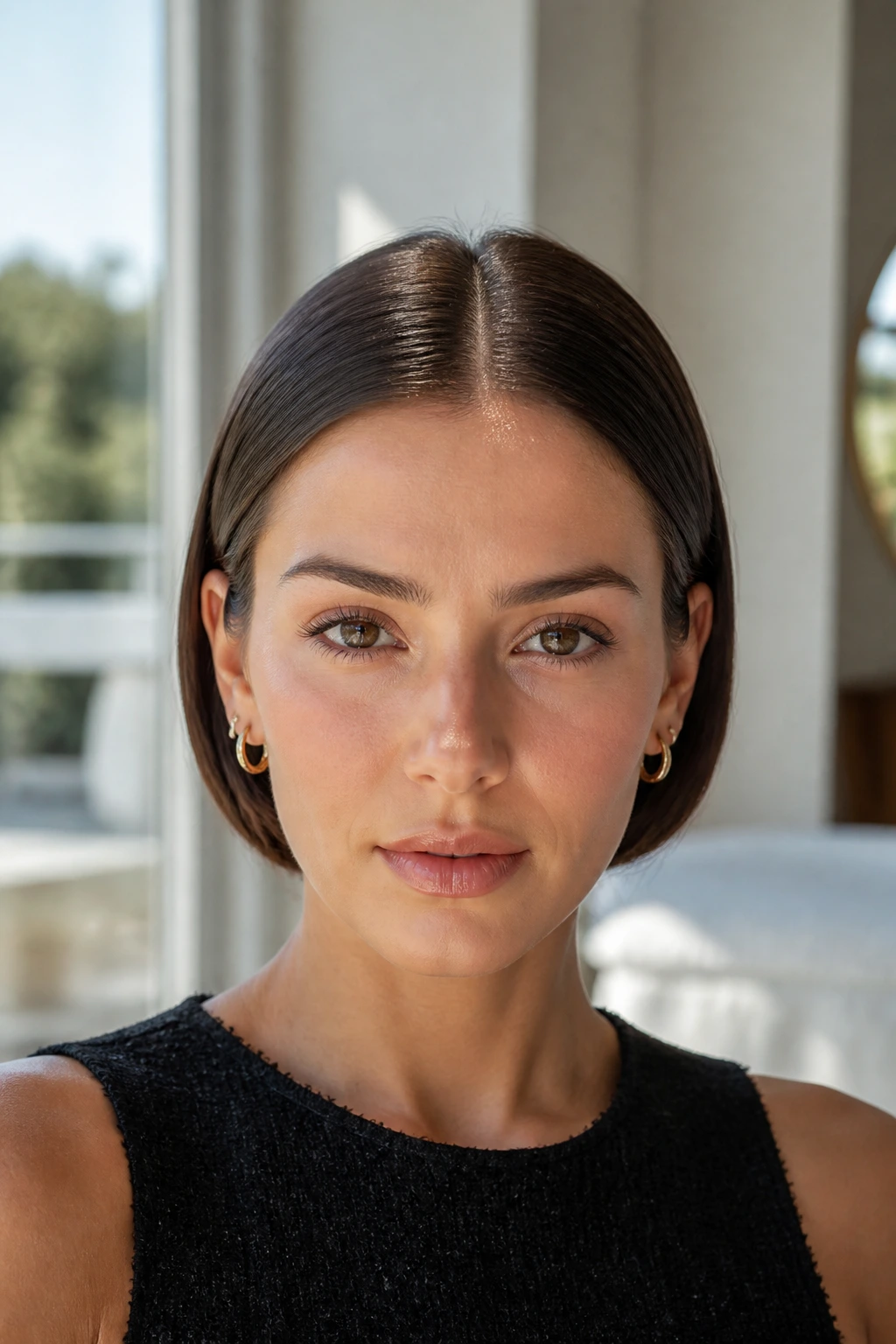 Close-up of real woman with center-part tucked ends hairstyle