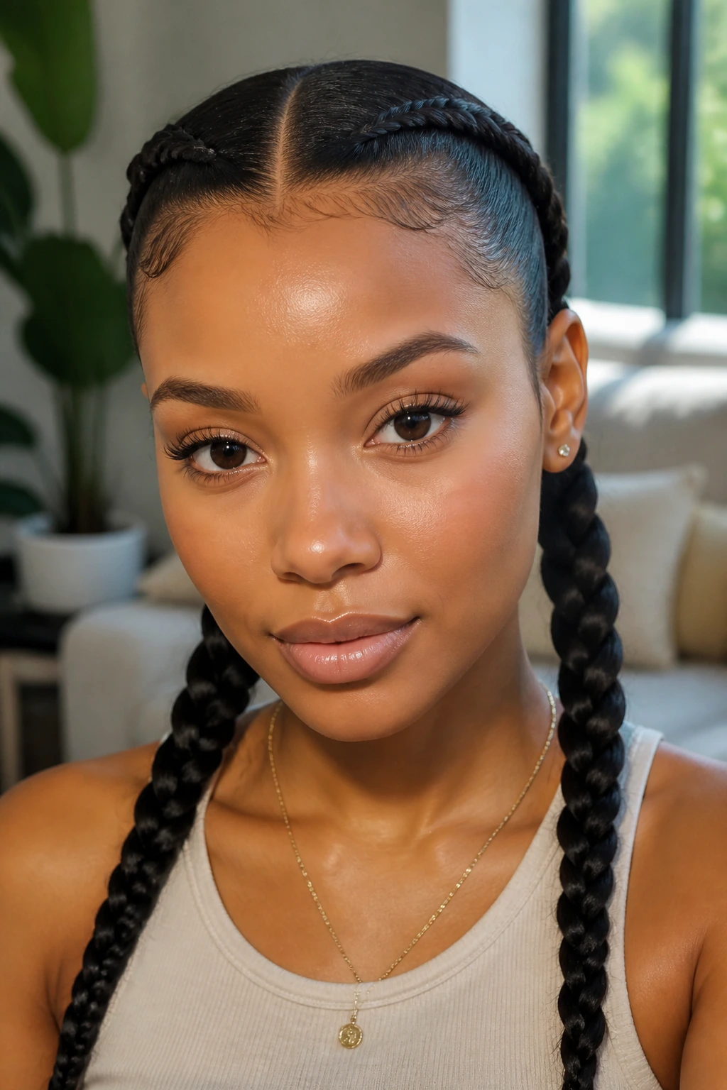 Close-up of a real woman with sleek center-part twin braids